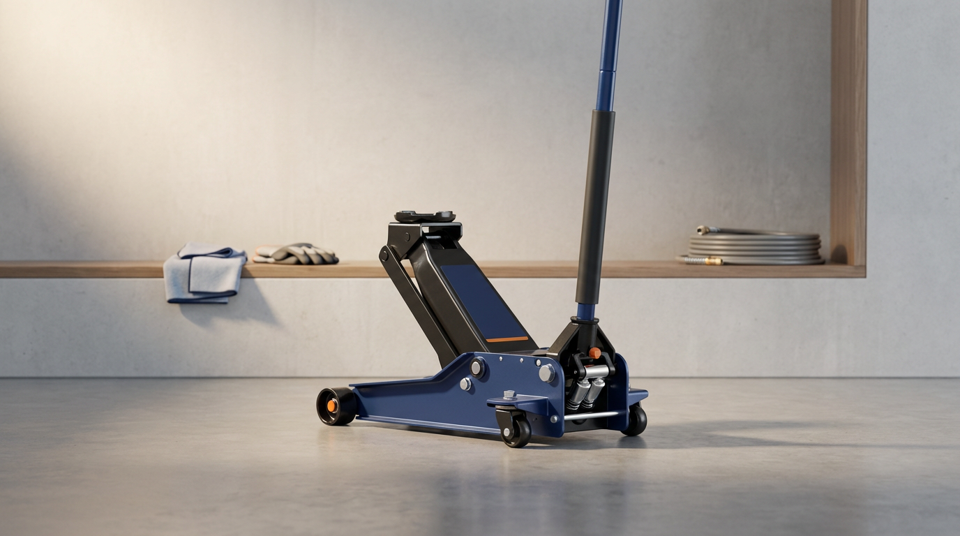 A blue and black hydraulic floor jack with a long handle in an indoor setting, with a cloth, gloves, and coiled cables on a wooden shelf in the background.
