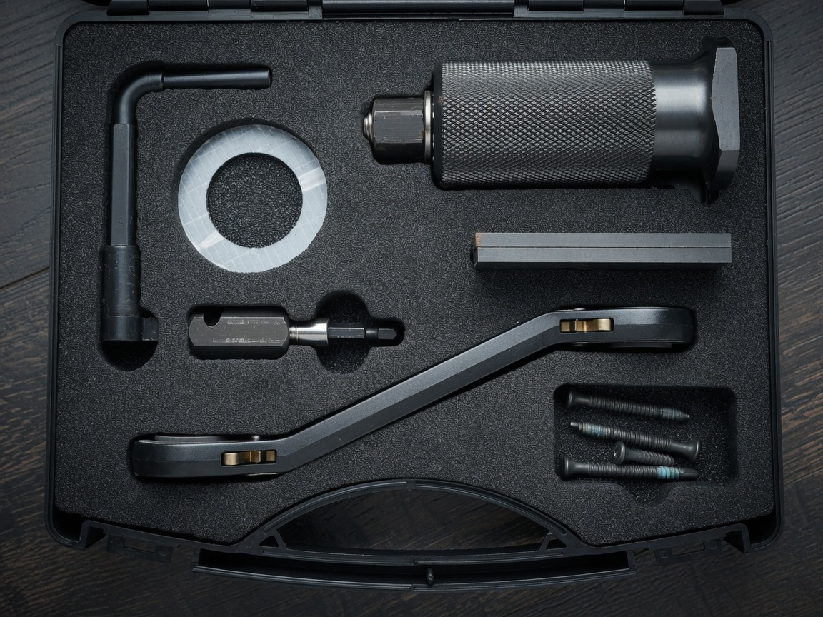 A set of automotive or motorcycle tools inside a foam insert case, including a small T-shaped tool, a cylinder-shaped tool, a flat tool, screws, and a circular ring.