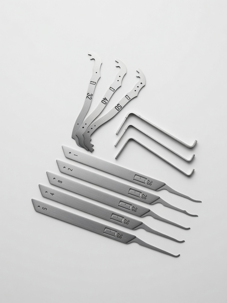 A set of pole prying tools with various sizes, numbered 1 to 5, and thin metal prying tools with sizes 28 to 32, all laid out on a white surface.