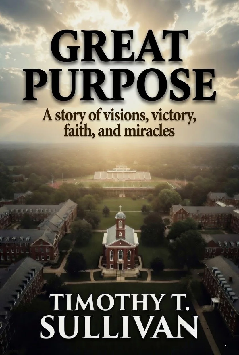 Book cover with a church and school buildings at sunset, titled "Great Purpose: A story of visions, victory, faith, and miracles" by Timothy T. Sullivan.