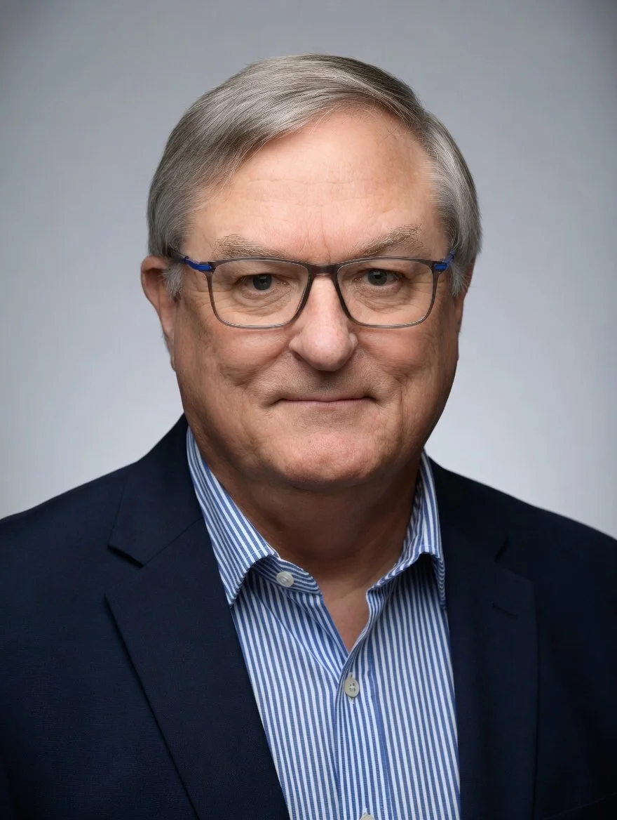 Portrait of Timothy T. Sullivan, an older man with gray hair and glasses wearing a dark suit and a striped button-up shirt against a plain background, trying to look contemplative.