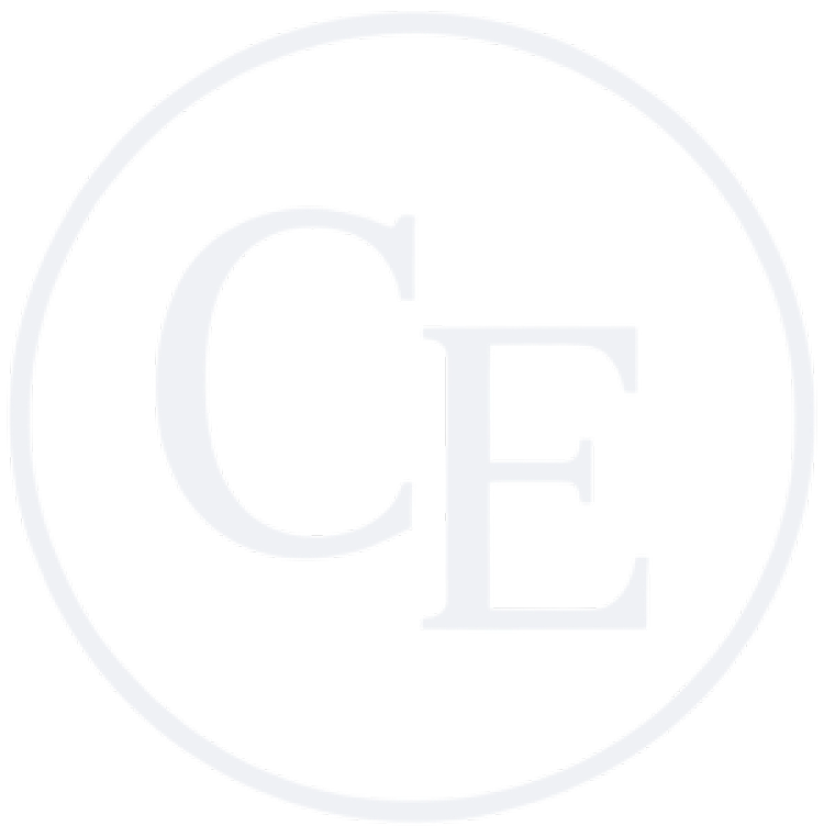 Faint light gray letters CE inside a thin, light gray circle on a white background.