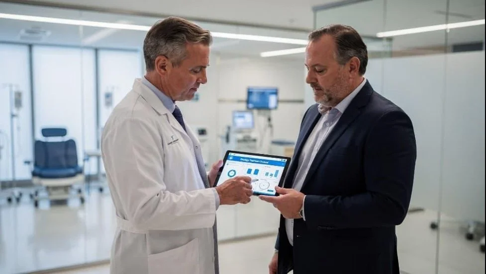 Two men, one in a white medical coat and the other in a dark suit, are looking at a tablet together in a clinical environment, possibly a hospital or medical office.