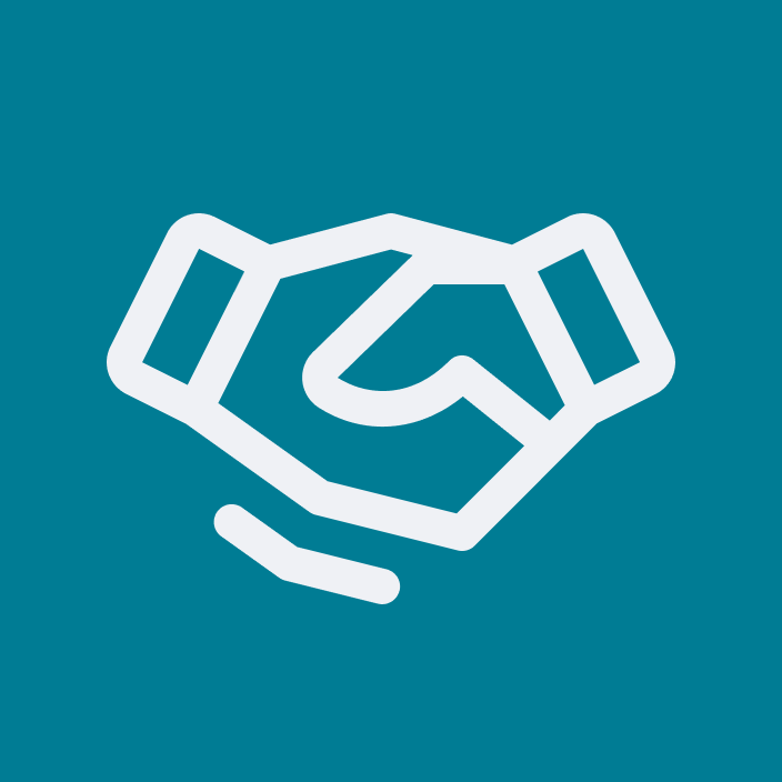 White line drawing of a handshake on a teal background.