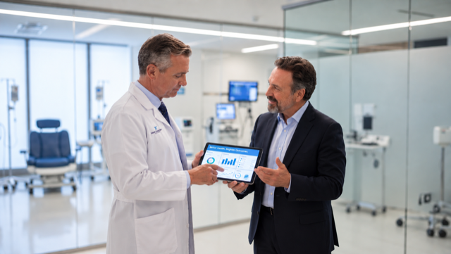 A group of four diverse medical professionals having a serious discussion in a hospital setting.