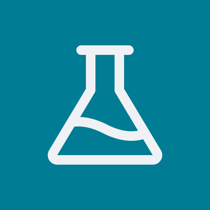 Icon of a laboratory flask with liquid inside on a teal background.