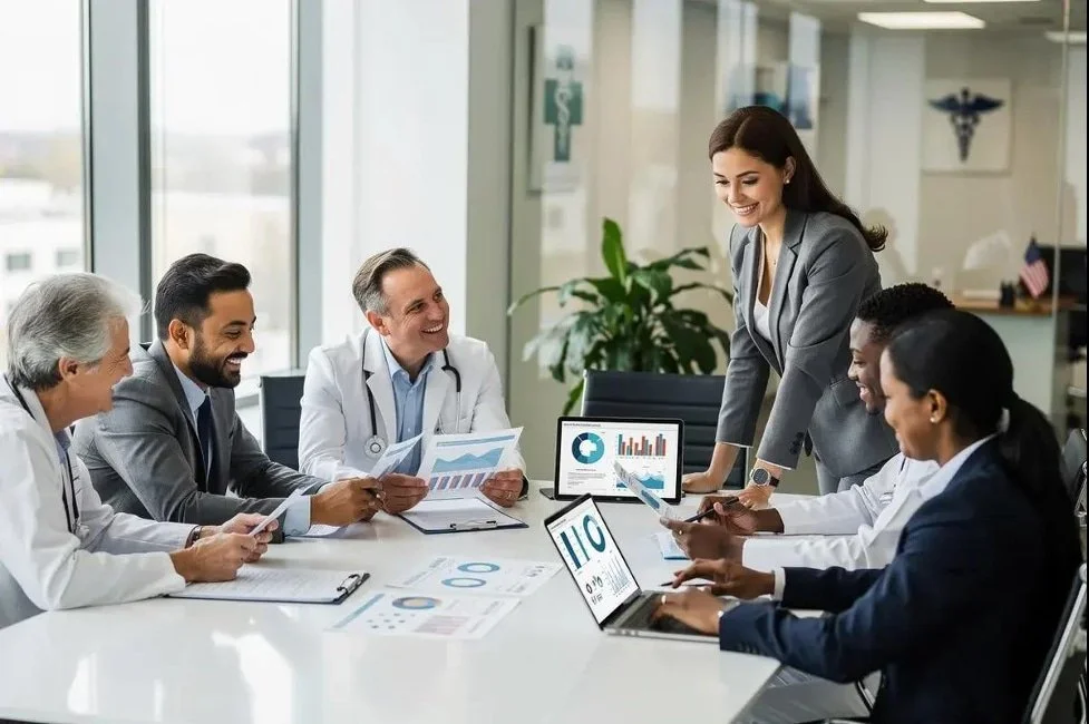 Medical professionals and a woman having a business meeting in a conference room with charts and laptops.