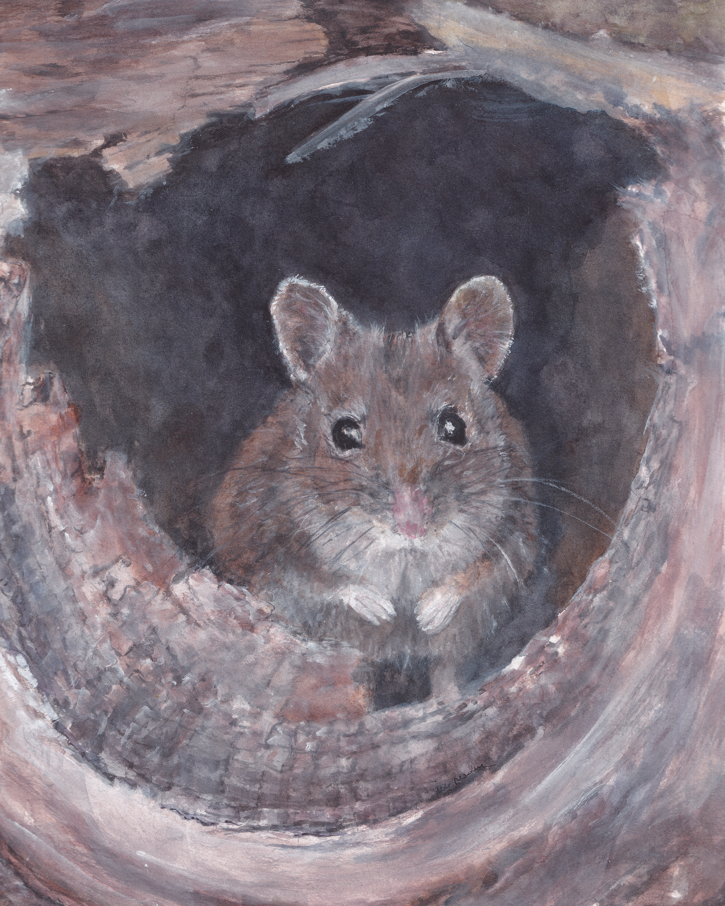 Watercolor painted deer mouse peeking out of a hollow of a tree