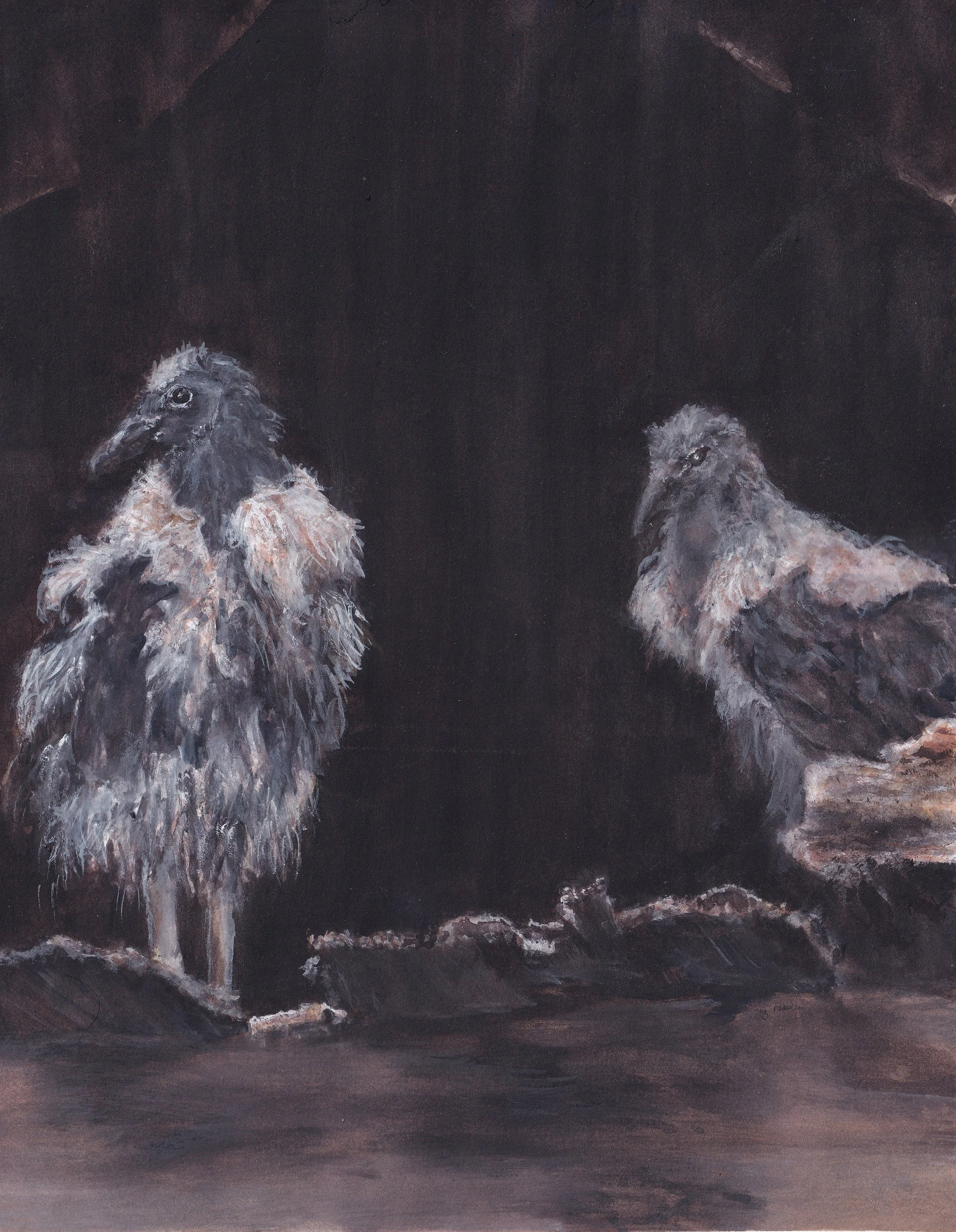 watercolor painting of two fuzzy juvenile black vultures in a barn loft