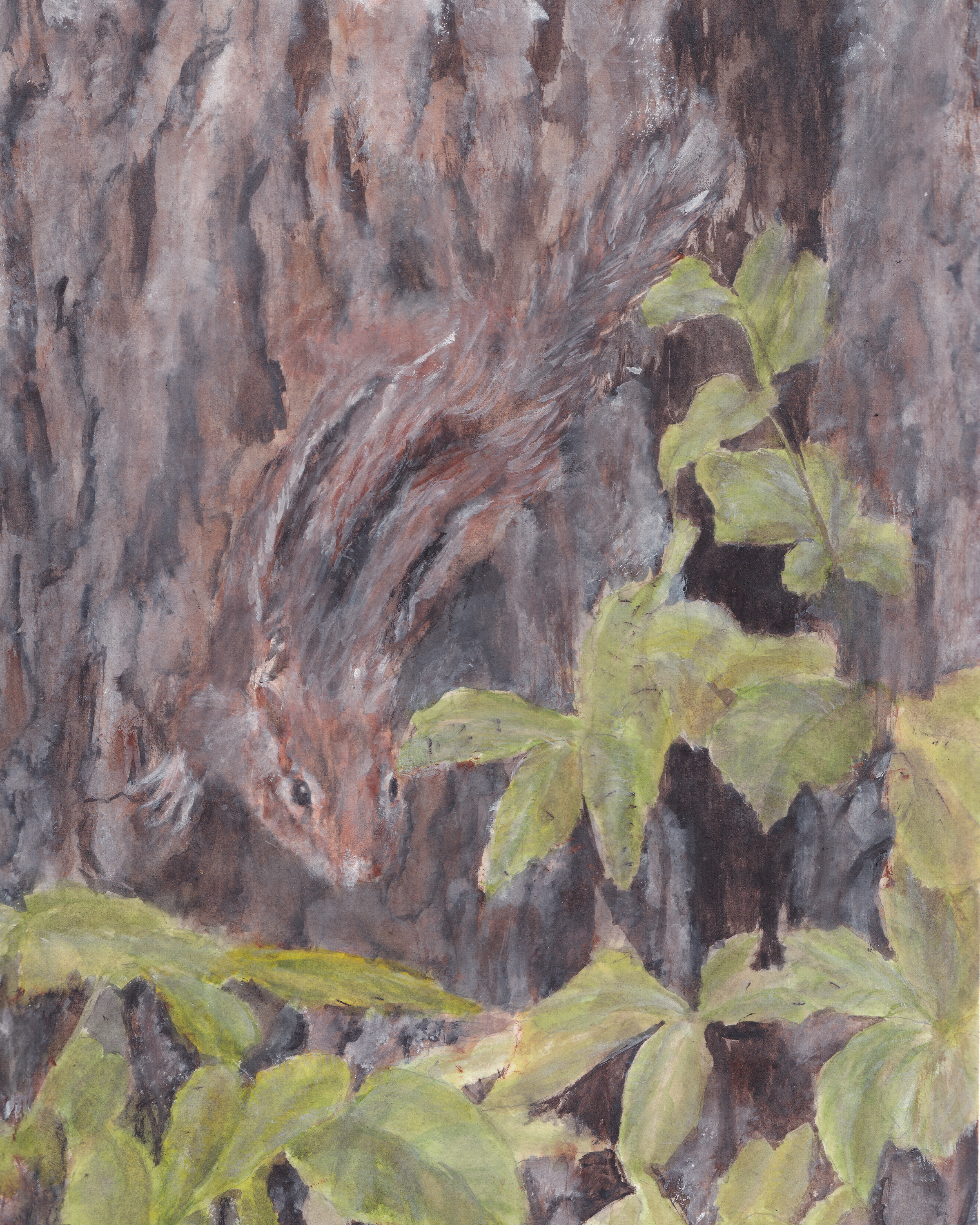 watercolor painting of a chipmunk scurrying down a tree trunk into the greenery at its base.  Chipmunk is camouflaged by tree trunk