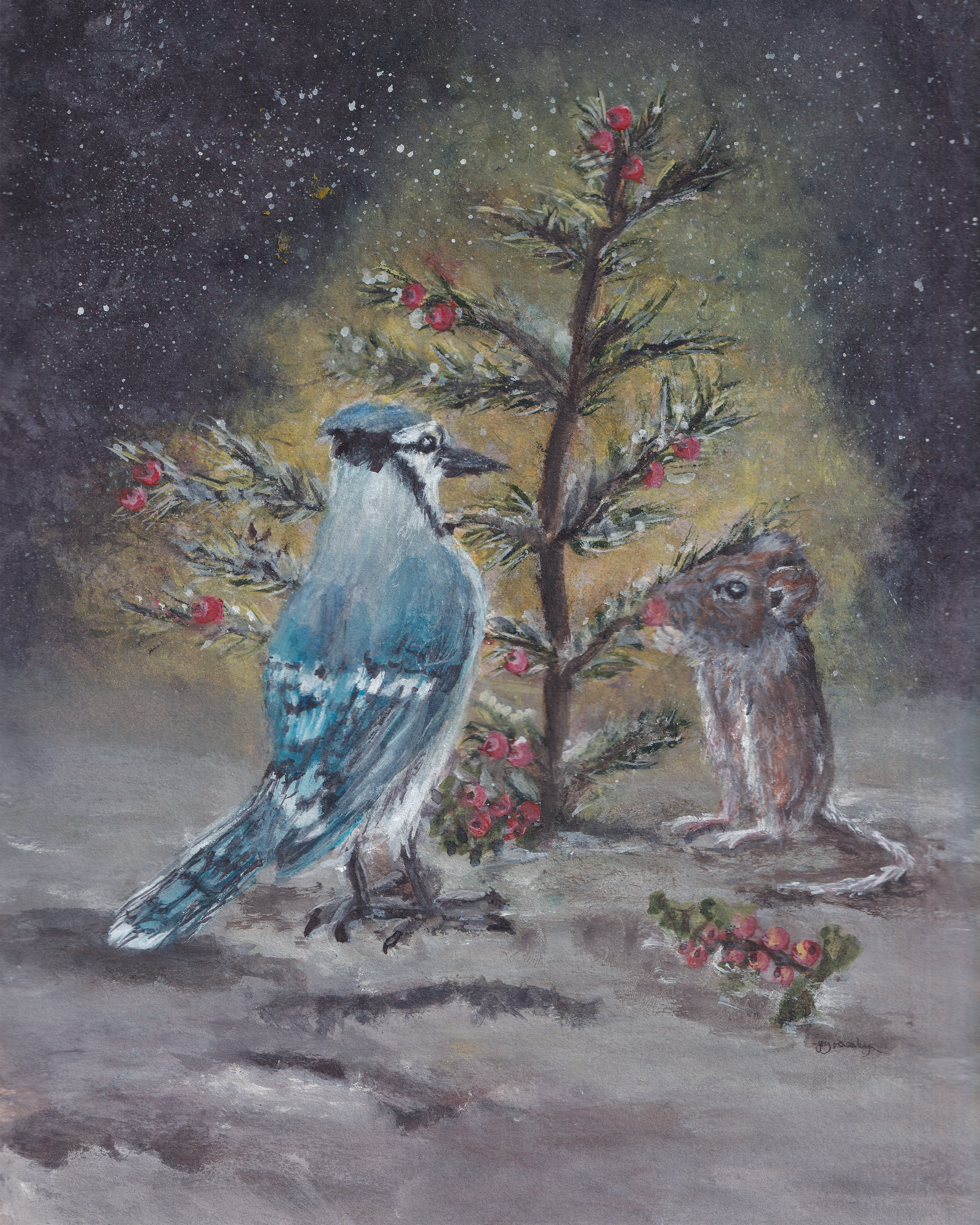 Deer Mouse and Blue Jay are under the little evergreen tree with bright green berries.  Painted in watercolor