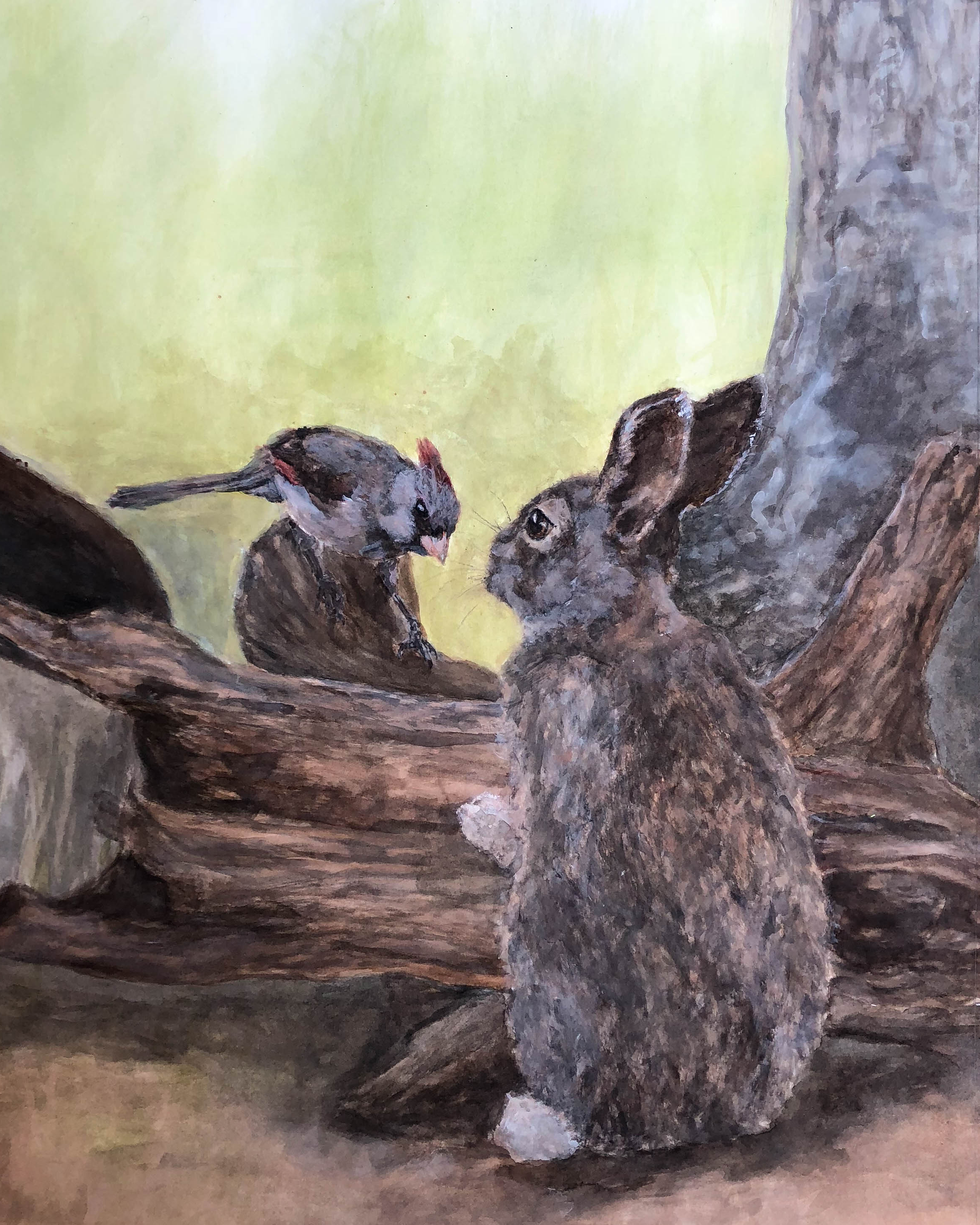 watercolor painting of cottontail rabbit looking at a female cardinal on a fallen log in the woods