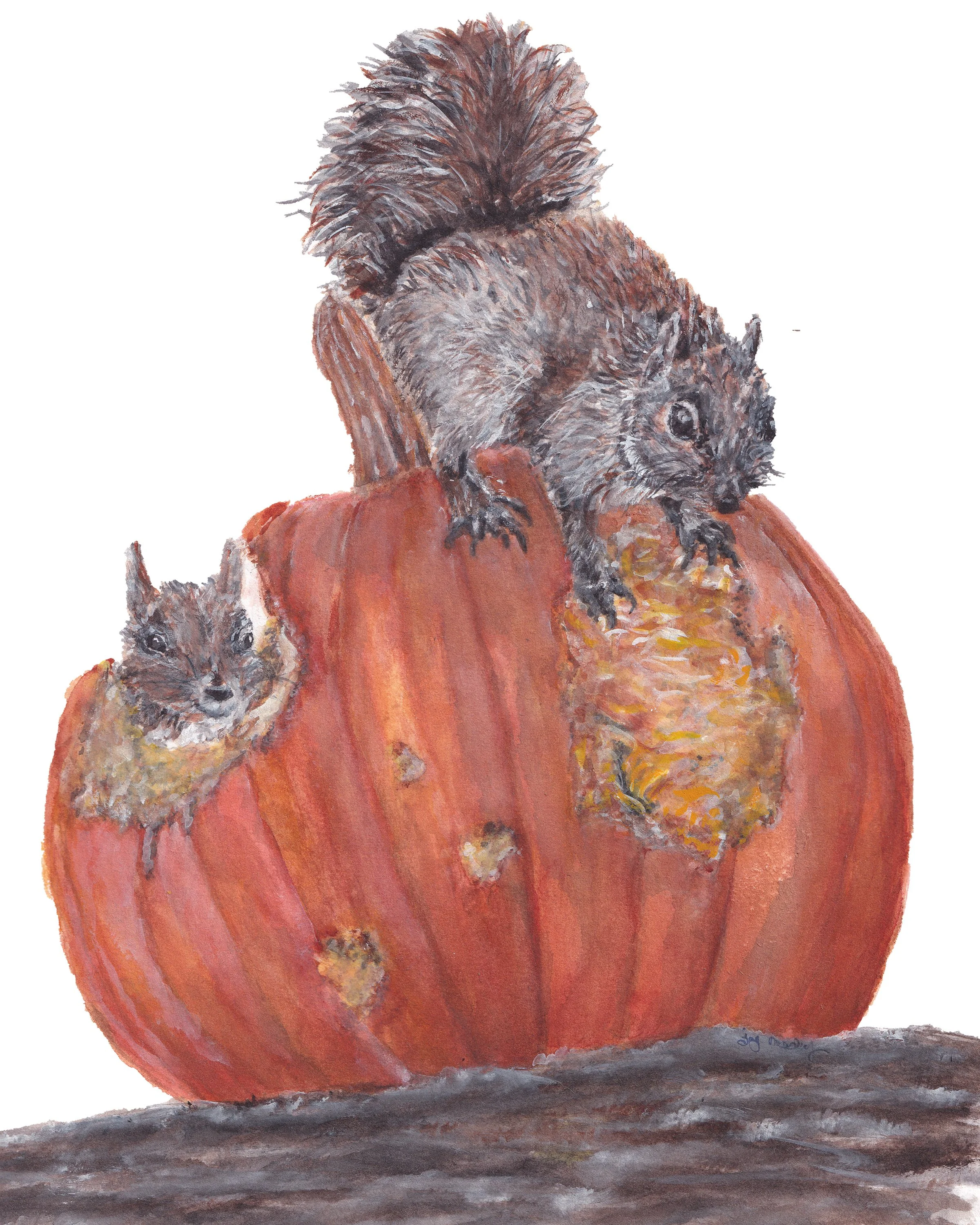 watercolor painting of two squirrels eating a pumpkin