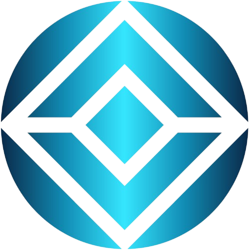 A circular logo featuring layered geometric shapes in shades of blue, yellow, and white.