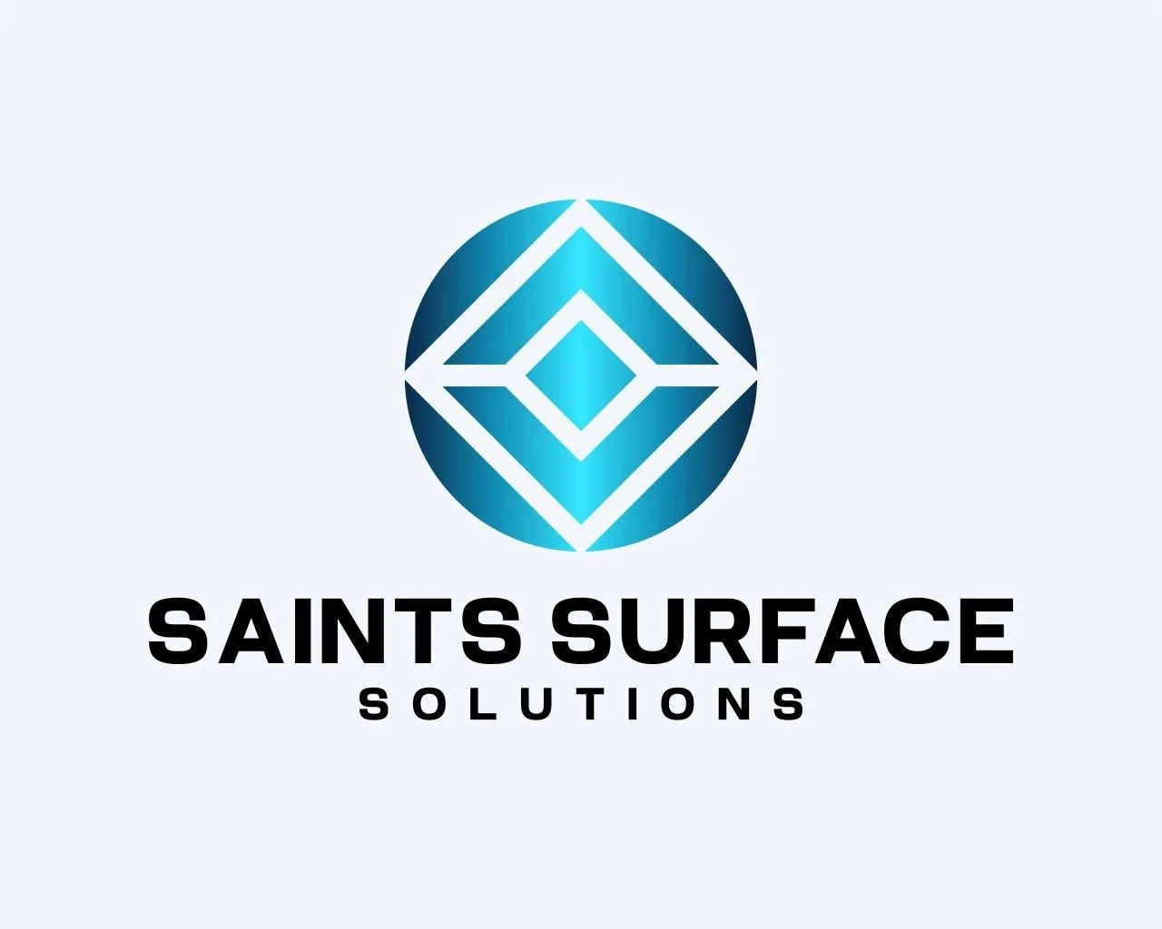 Logo for Saints Surface Solutions featuring a blue circular geometric design with a diamond shape inside, accompanied by the company name in bold black text.