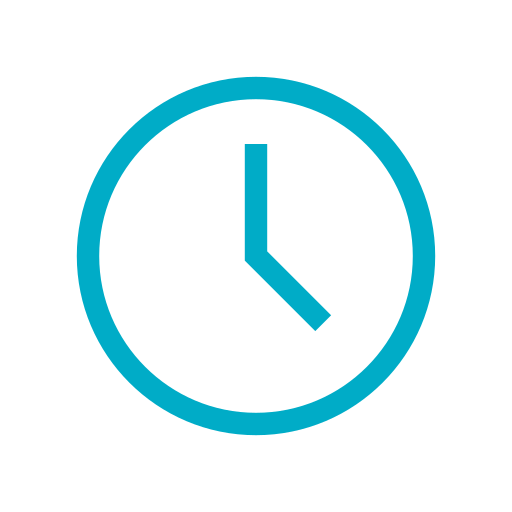 Icon of an analog clock with blue outline and hands indicating 3:00.