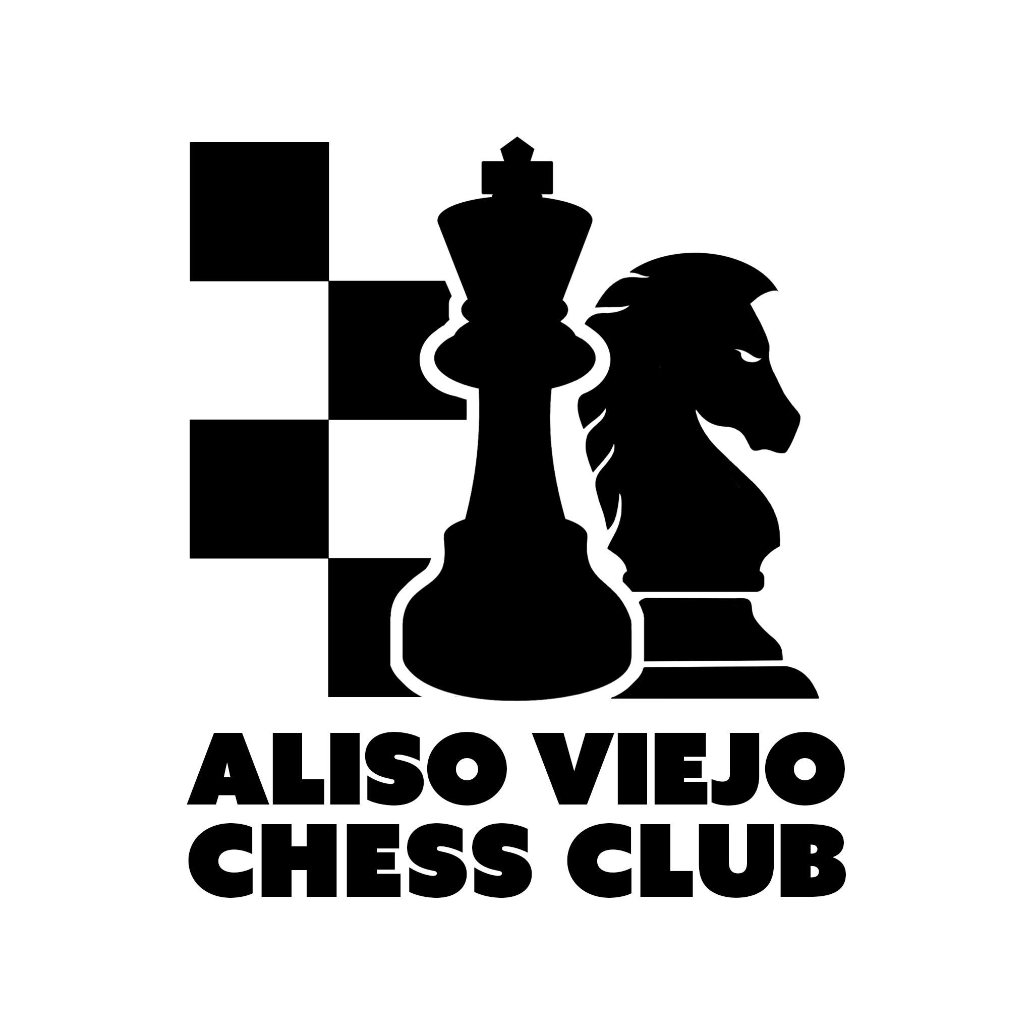 Black silhouette of a chessboard, king chess piece, and a lion with the text 'ALSO VEO CHESS CLUB' below.