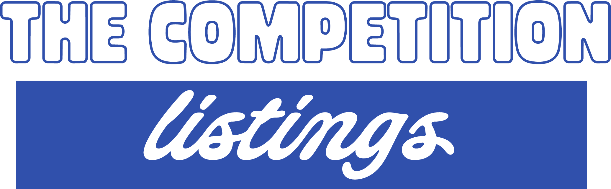 Text image that reads 'The Competition' in large white and blue outlined font, and 'útímas' in white cursive font on a blue background.