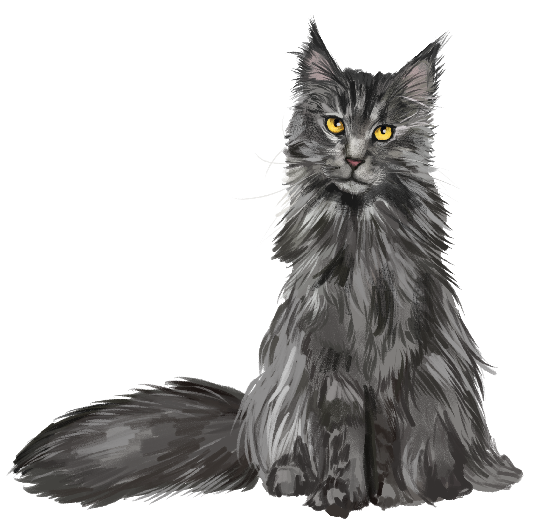 A detailed artistic painting of a long-haired gray cat with piercing yellow eyes, sitting gracefully with an elegant posture.