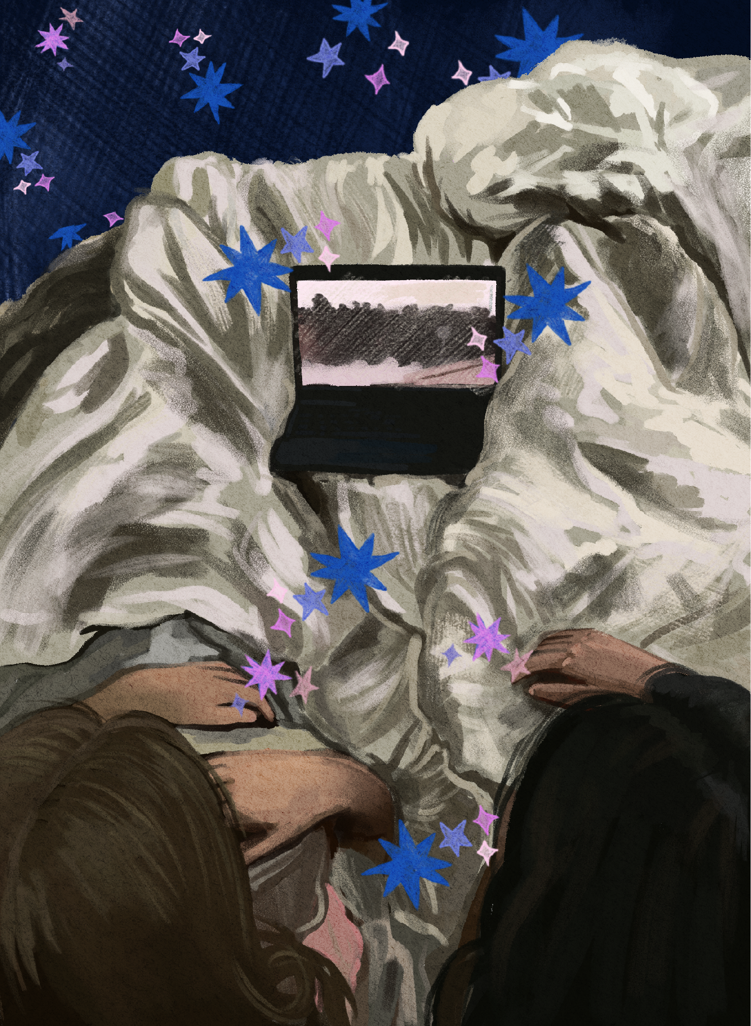 People sitting in a circle on the floor, with one person in the center holding a phone, surrounded by colorful star-shaped decorations against a dark background.