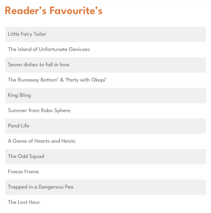 List of reader's favorite books including titles such as Little Fairy Tailor, The Island of Unfortunate Geniuses, Seven Dishes to Fall in Love, The Runaway Bottom & Party with Okapi, King Bling, Summer from Robo Sphere, Pond Life, A Game of Hearts and Heists, The Odd Squad, Freeze Frame, Trapped in a Dangerous Pea, and The Lost Hour.