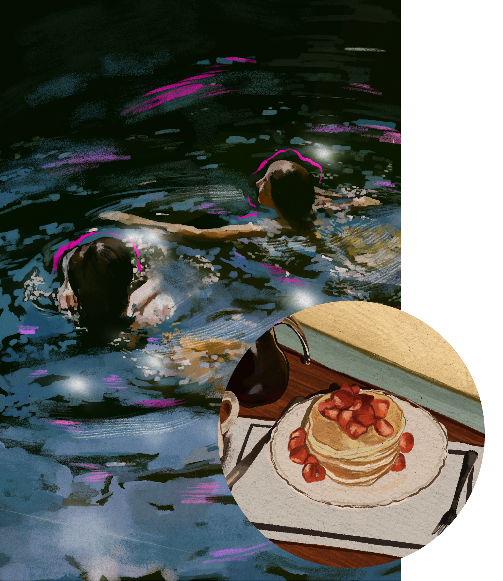 A painting of a woman swimming in a dark body of water at night, with a plate of pasta topped with tomato sauce and a fork on the table beside her.