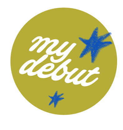 Green circular background with white cursive text 'my debut' and two blue star shapes.
