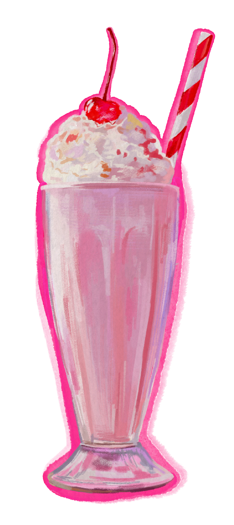 A pink milkshake topped with whipped cream and a cherry, served with a striped straw and a red-and-white straw in a tall glass