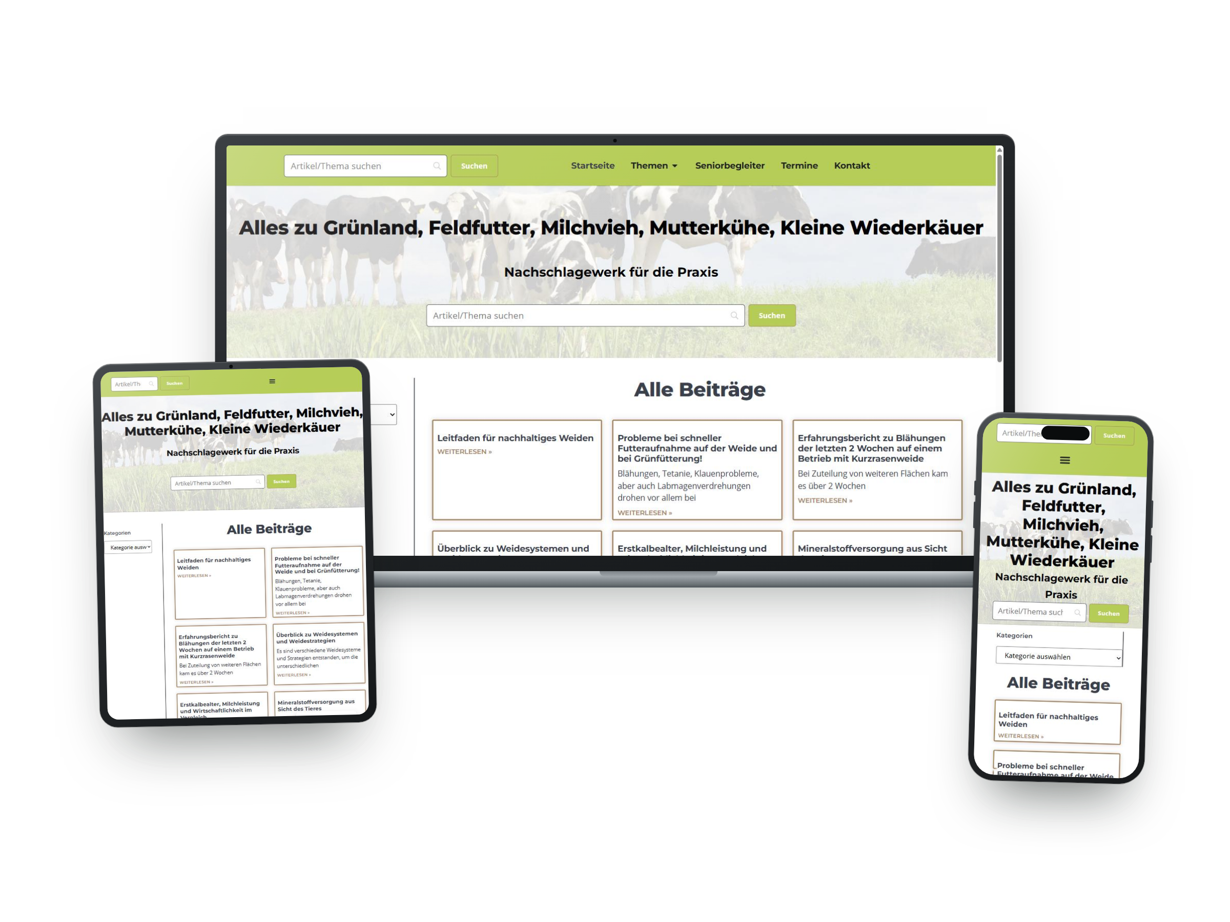 Visualisierung einer responsiven Webseite auf verschiedenen Geräten, darunter Desktop-Computer, Tablet und Smartphone, mit Fokus auf landwirtschaftliches Thema und Suchfunktion