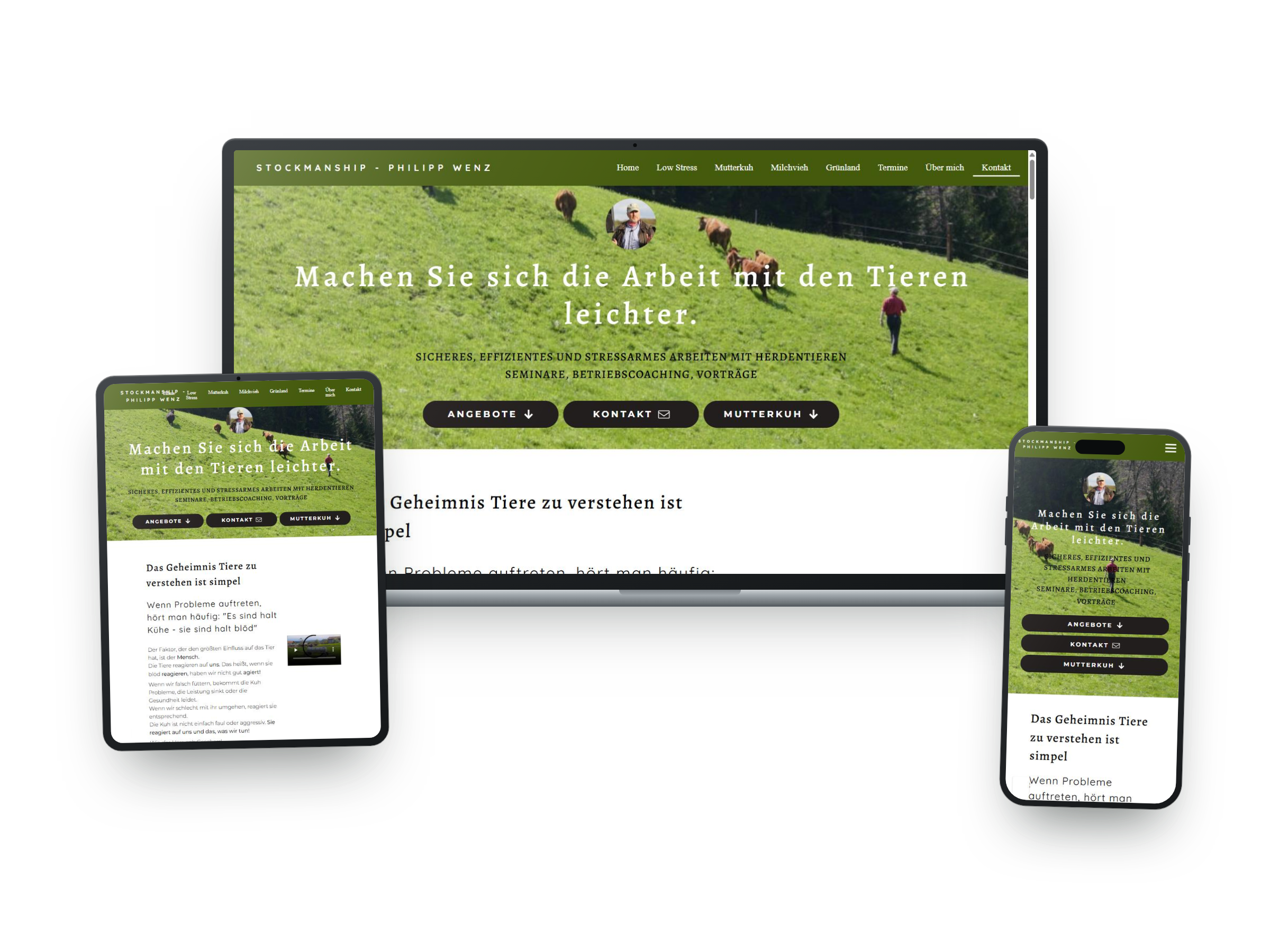 Mehrere Geräte zeigen eine Webseite mit einem grünen Hintergrund, einem Bild von einem Hügel mit Ziegen und einer Person, die neben den Tieren läuft, und Text, der für Tierheilkunde und stressfreies Arbeiten wirbt.