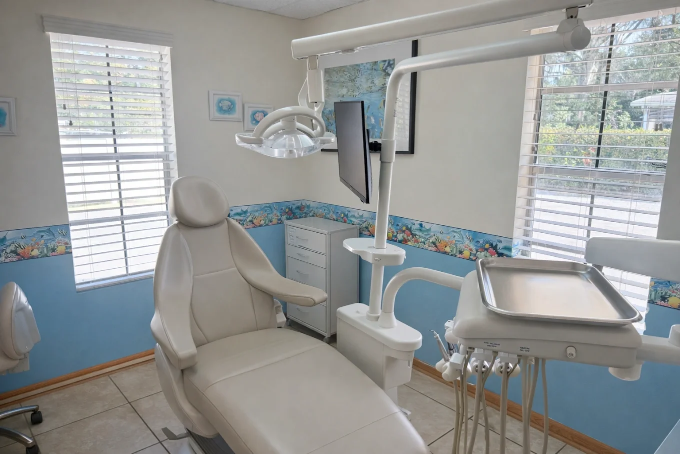 A dental examination room with a white dental chair, overhead light, a mounted monitor, and dental equipment. There are two windows with blinds, and the walls have beach-themed decorations.