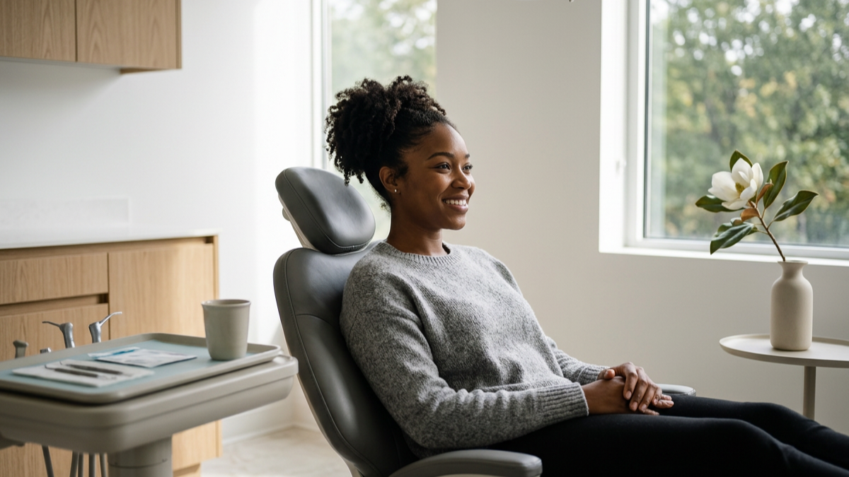 A woman sitting in a medical examination room, smiling and looking out the window.