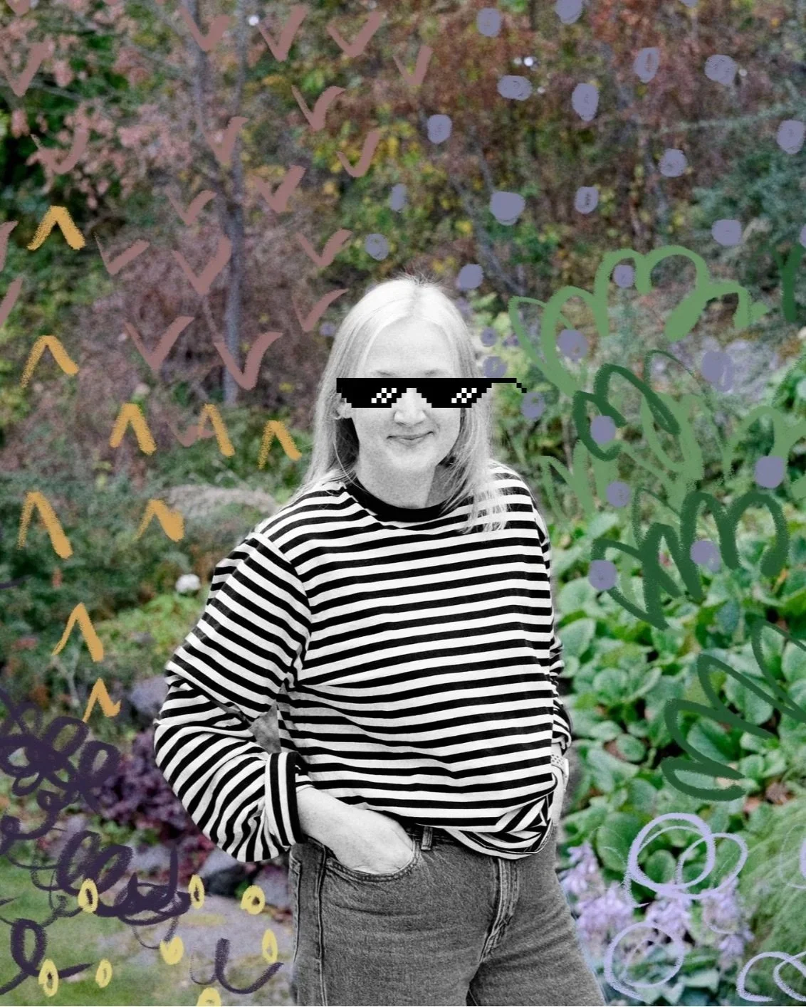 A woman with long blonde hair wearing a black and white striped shirt and jeans, standing outdoors in front of green plants and trees. She has pixelated sunglasses added to her face, creating a meme-like effect. Colorful doodles, including hearts, arrows, and circles, are overlaid on the image.