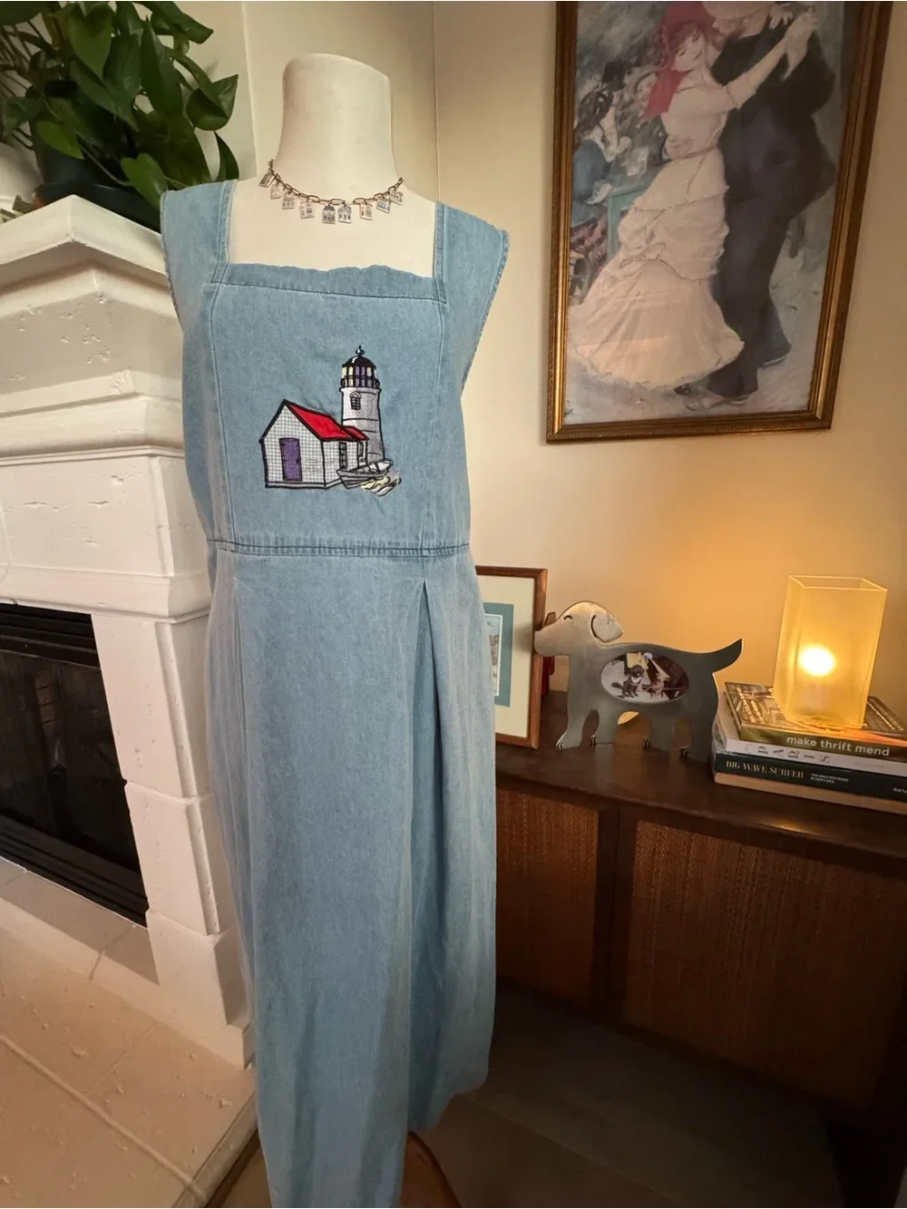 Lighthouse Embroidered Denim Maxi Apron Dress