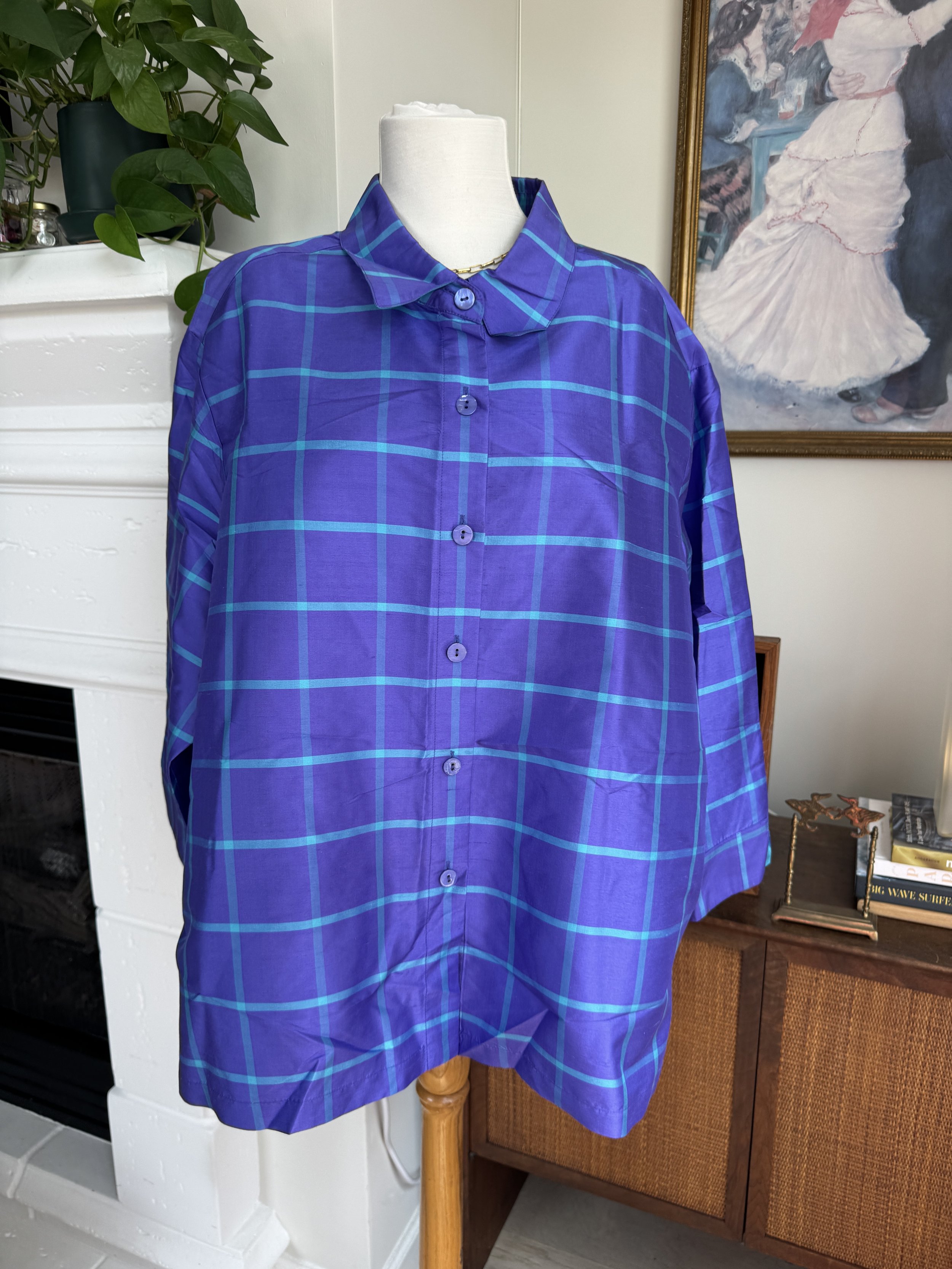 Silk Purple & Teal Checkered Blouse