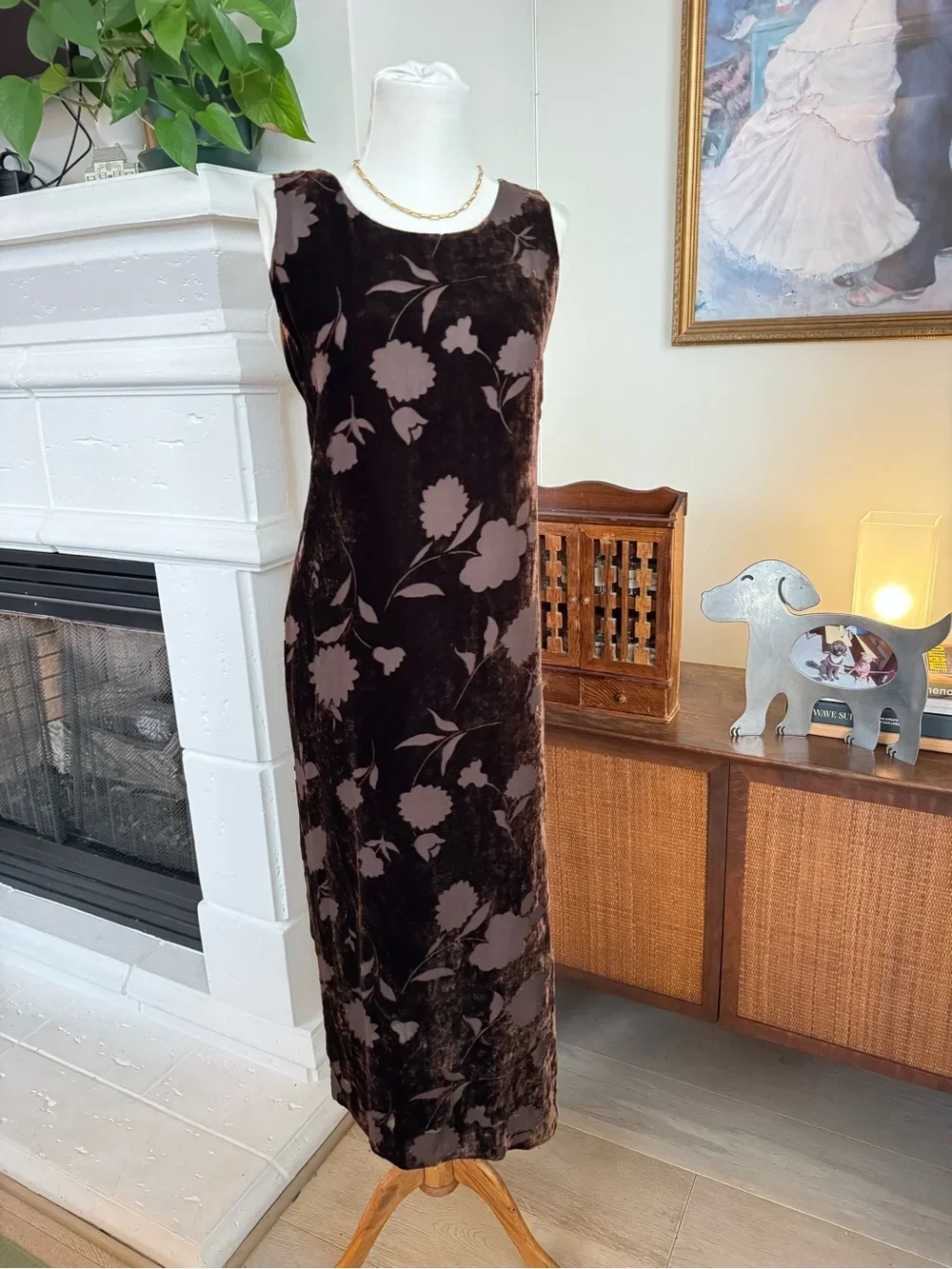 Jones New York Brown Floral Silk Blend Burnout Velvet Maxi Dress