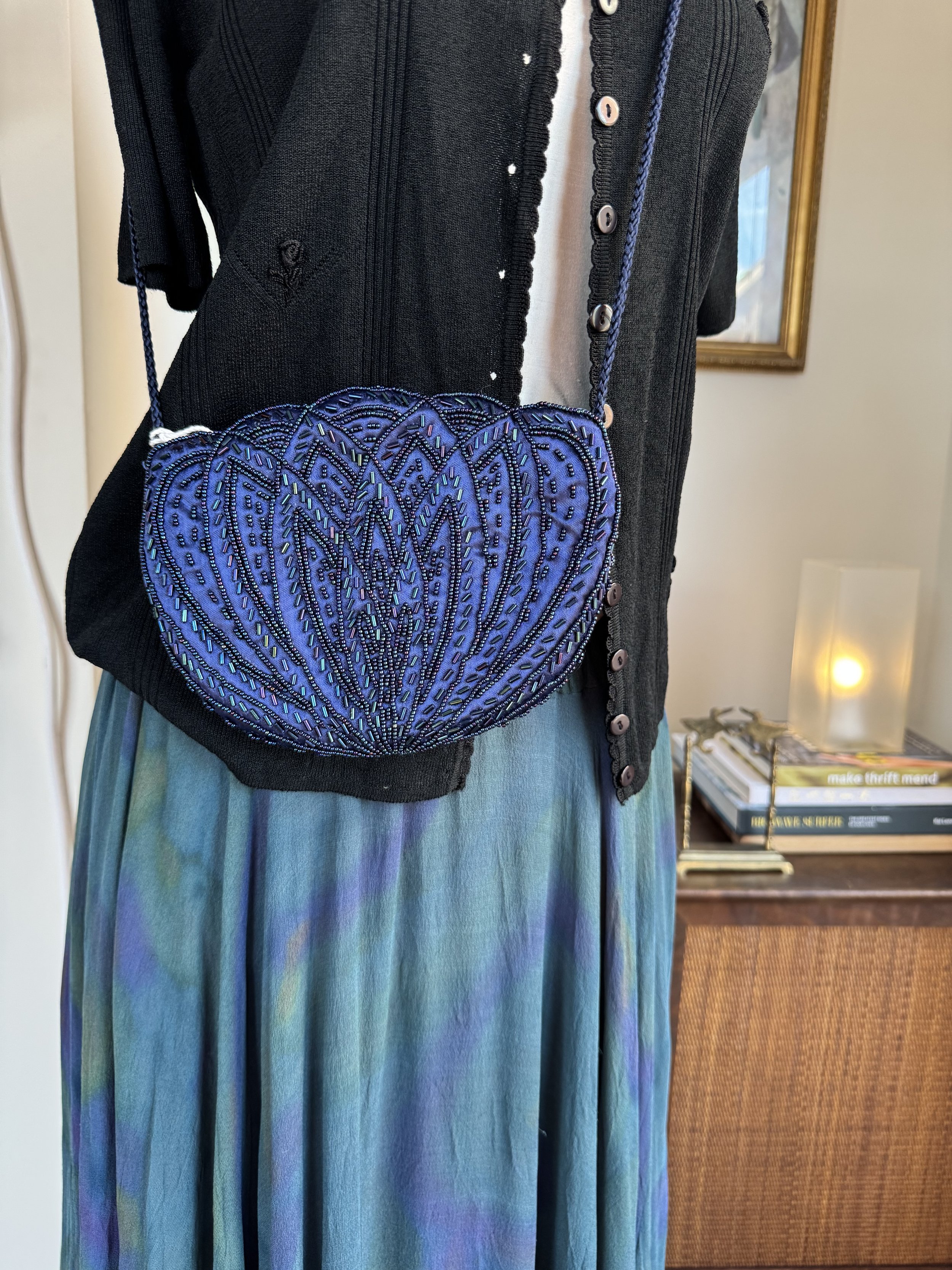 Small Vintage Beaded Shoulder Bag / Clutch - Midnight Blue