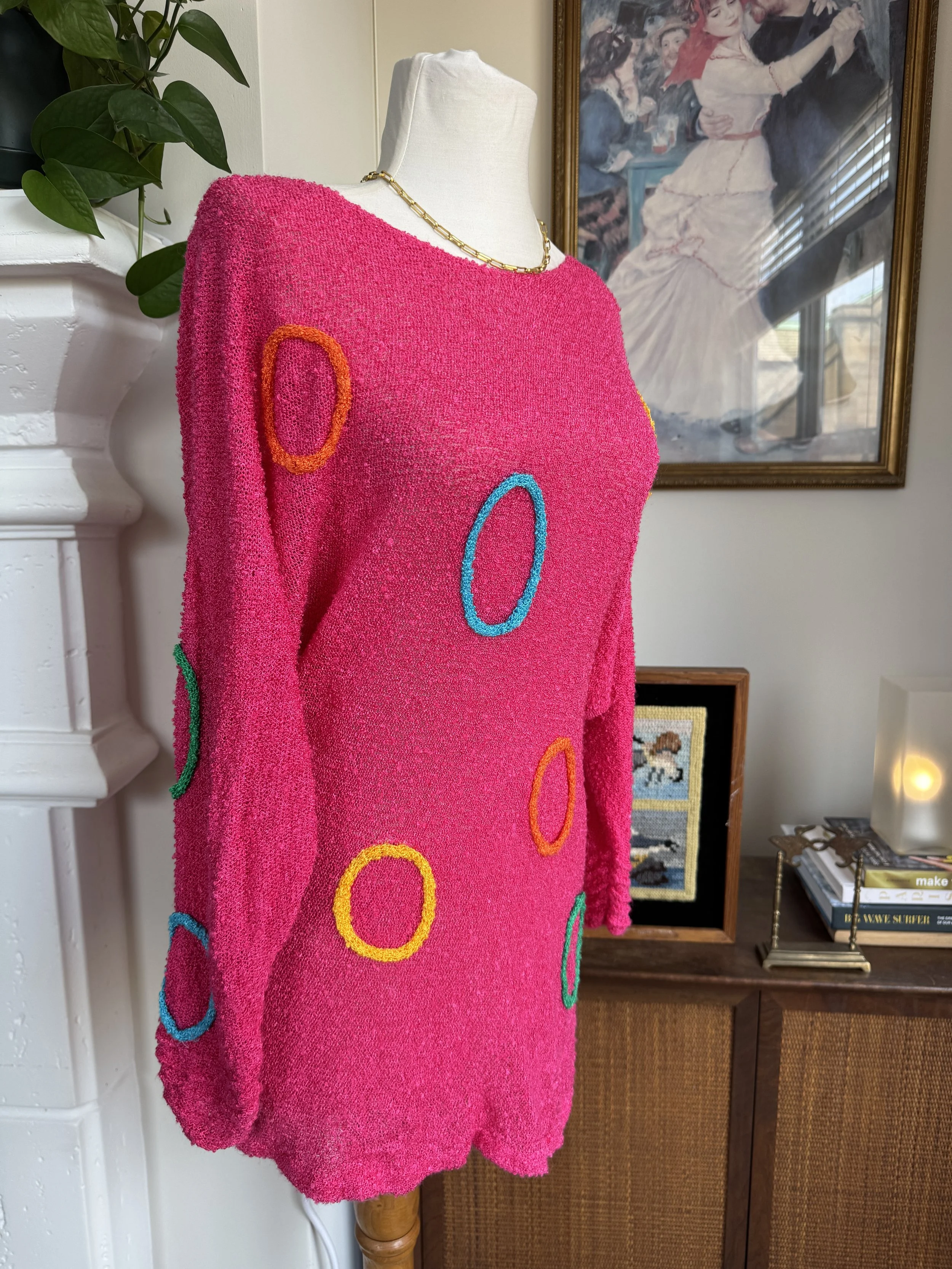 Pink Neon Embroidered Circle Motif Sweater