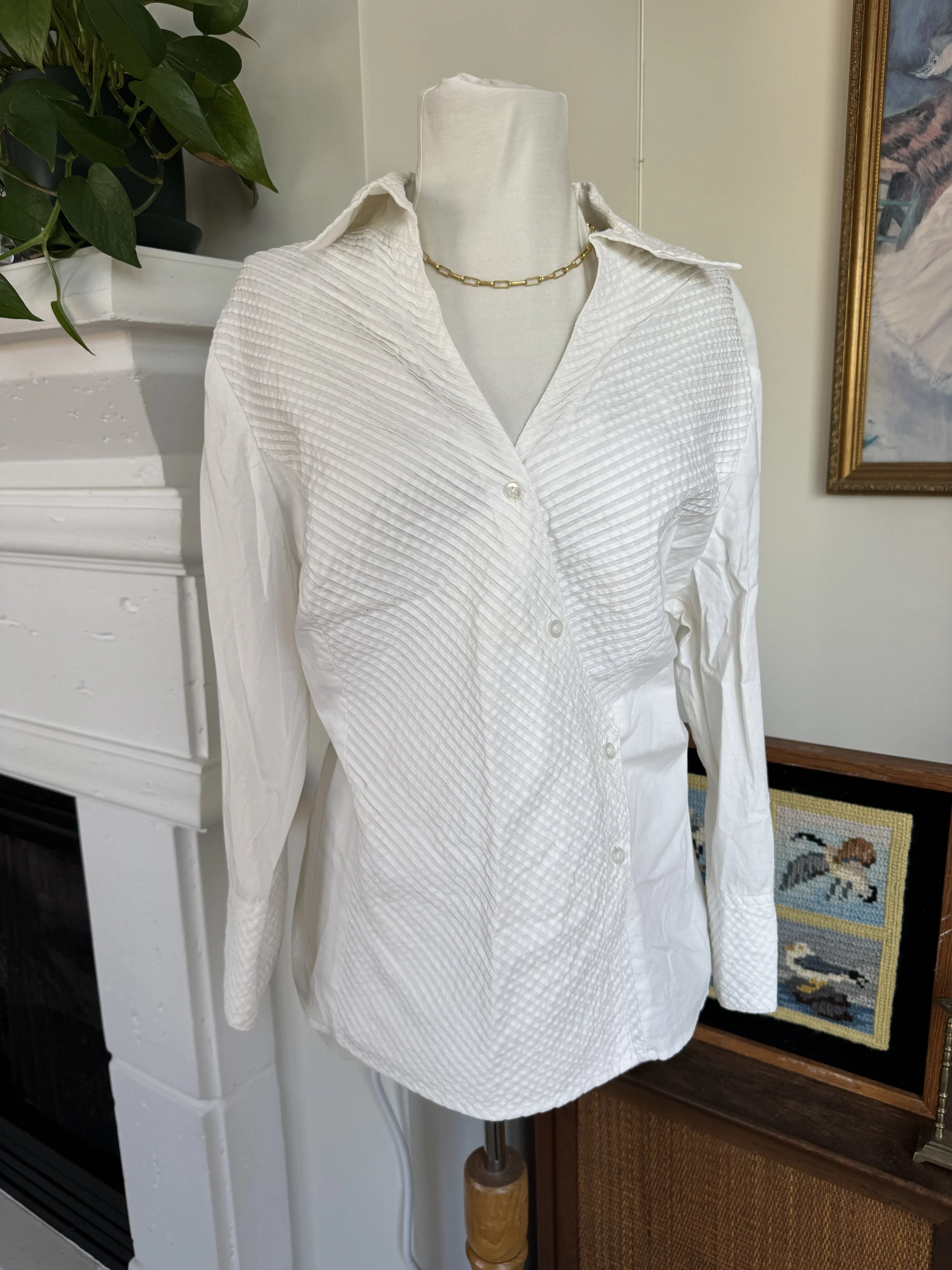 Asymmetrical Button Up Pleated V-Neck Blouse