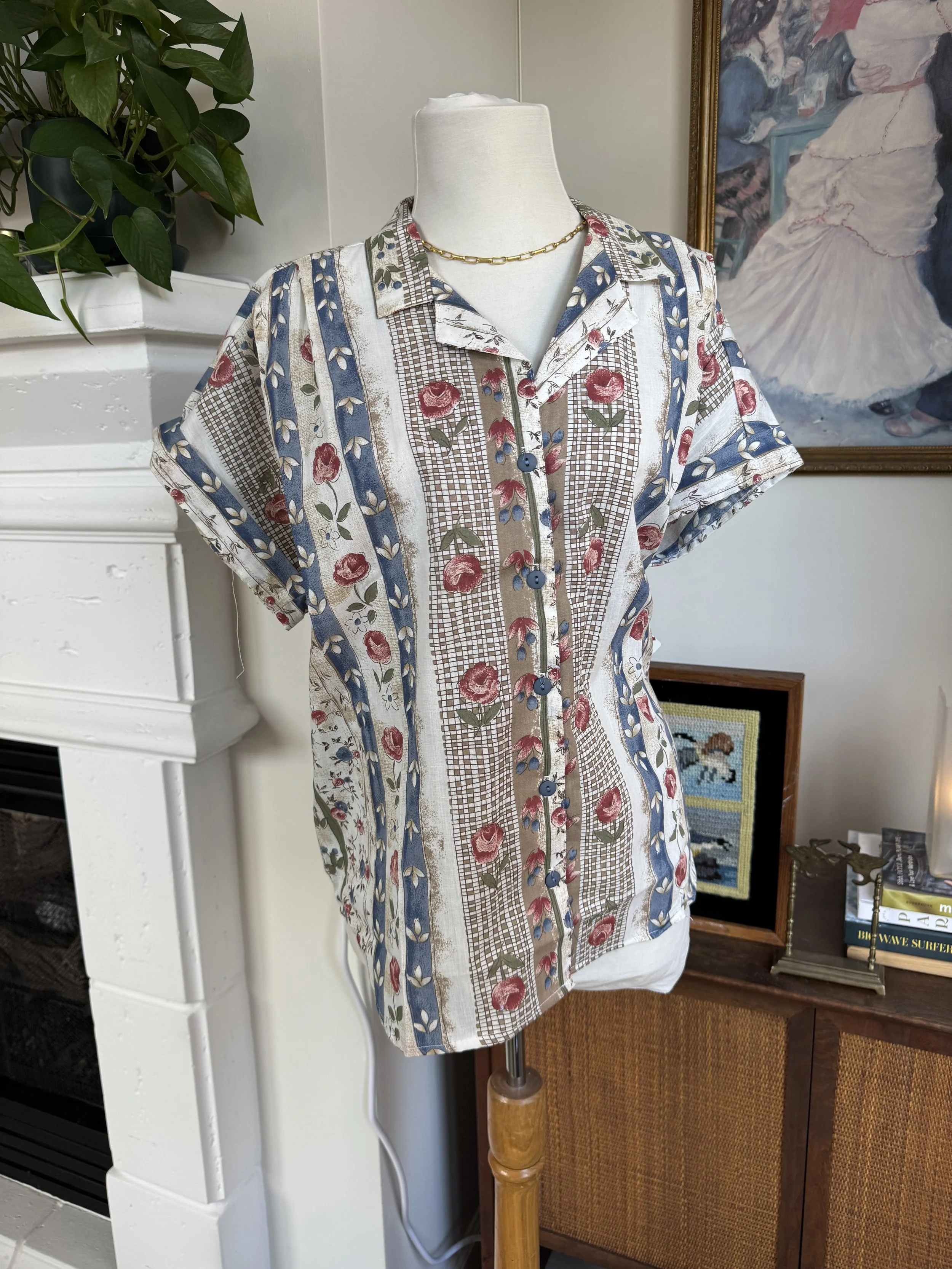 Vintage Button Down Floral Stripe Blouse