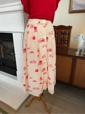 Vintage 100% Silk Midi Skirt - Cream & Red Bicycle Print