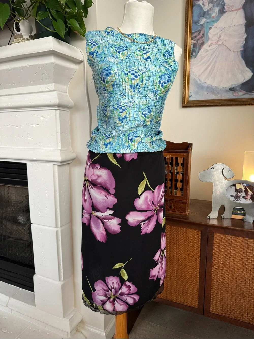 Vintage 90’s Floral Black Midi Skirt with Purple Blossom Print