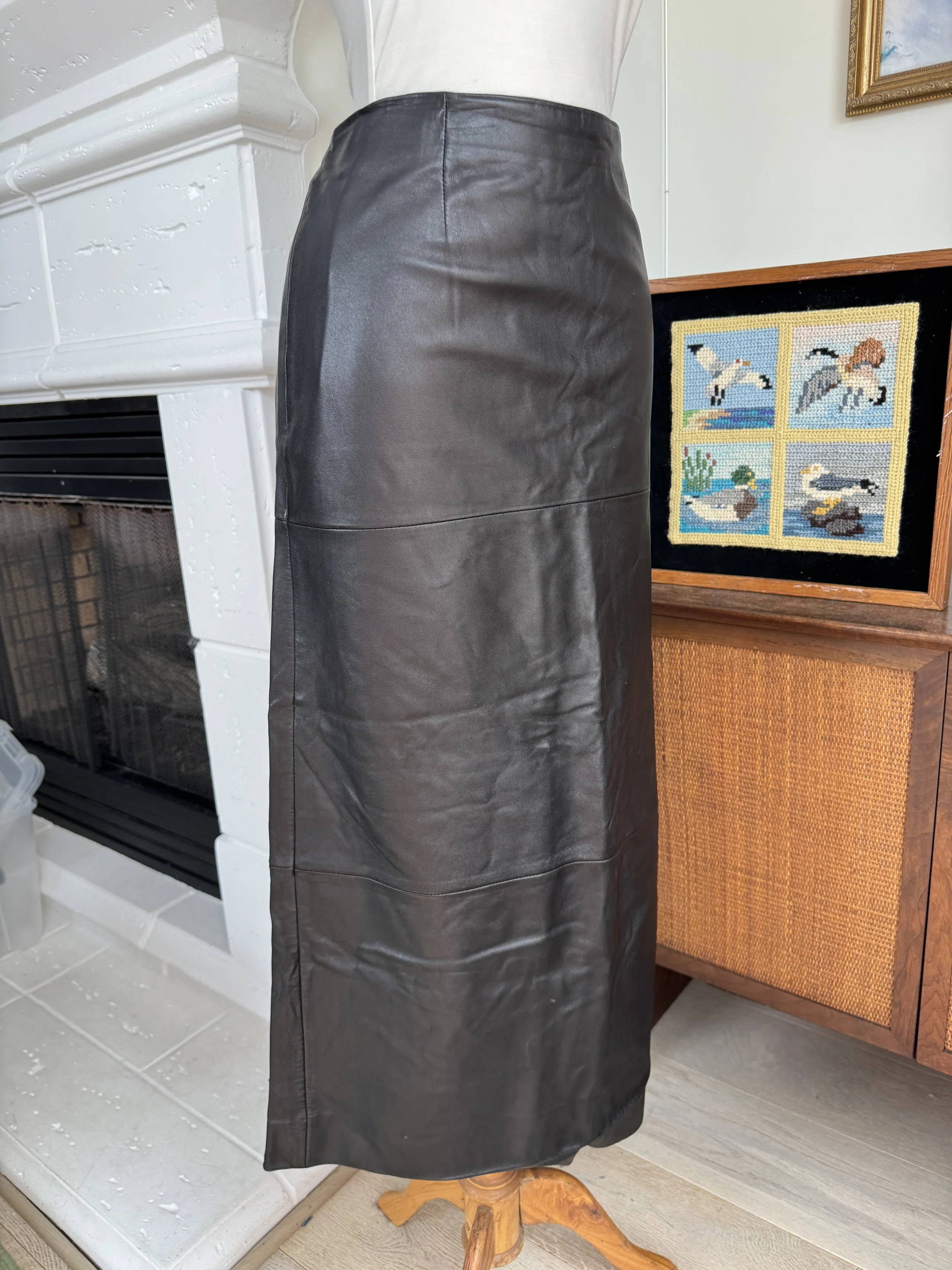 Vintage Leather Adjustable Zipper Slit Maxi Skirt