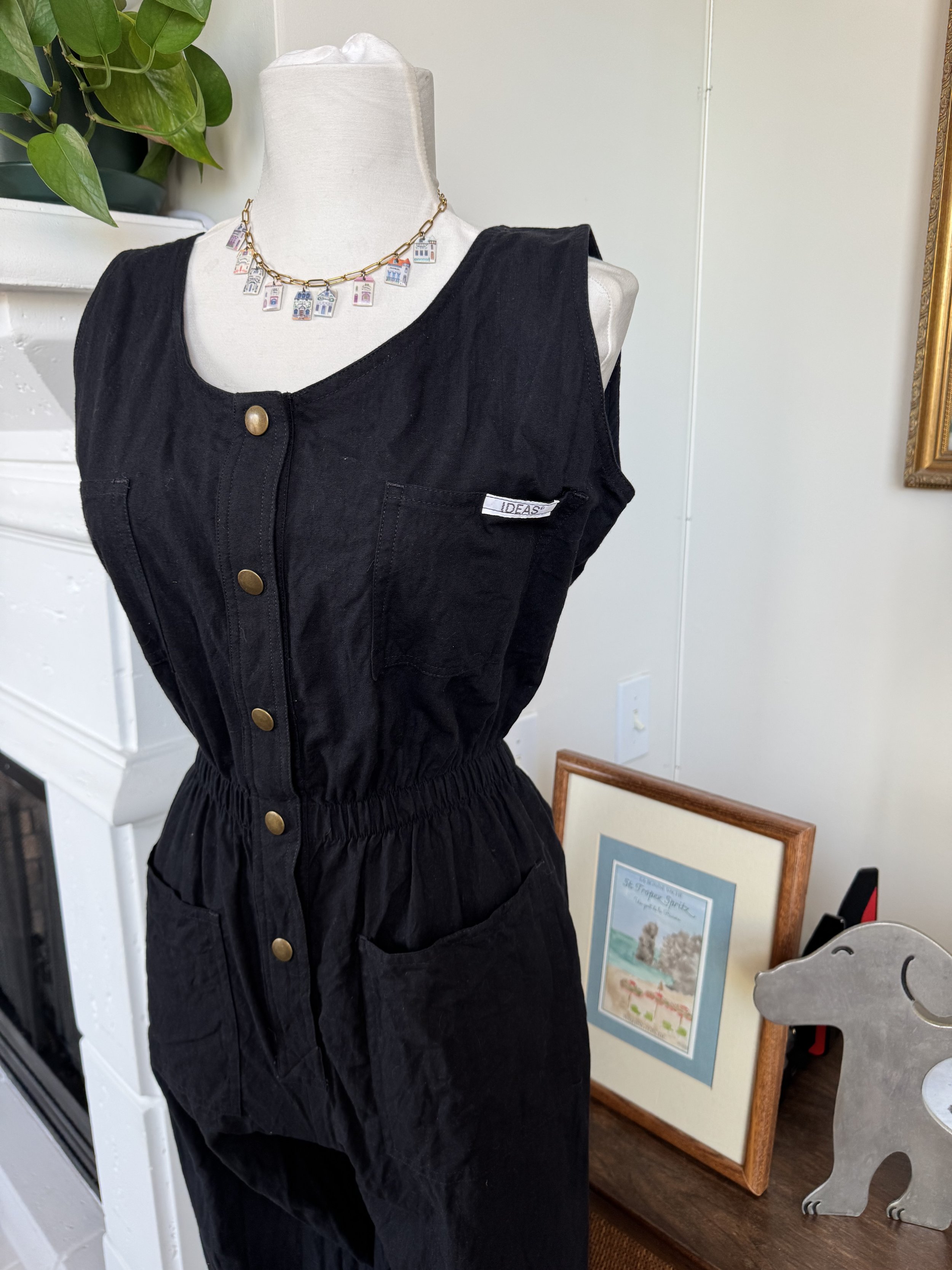 Vintage 80's Black Sleeveless Button-Front Jumpsuit