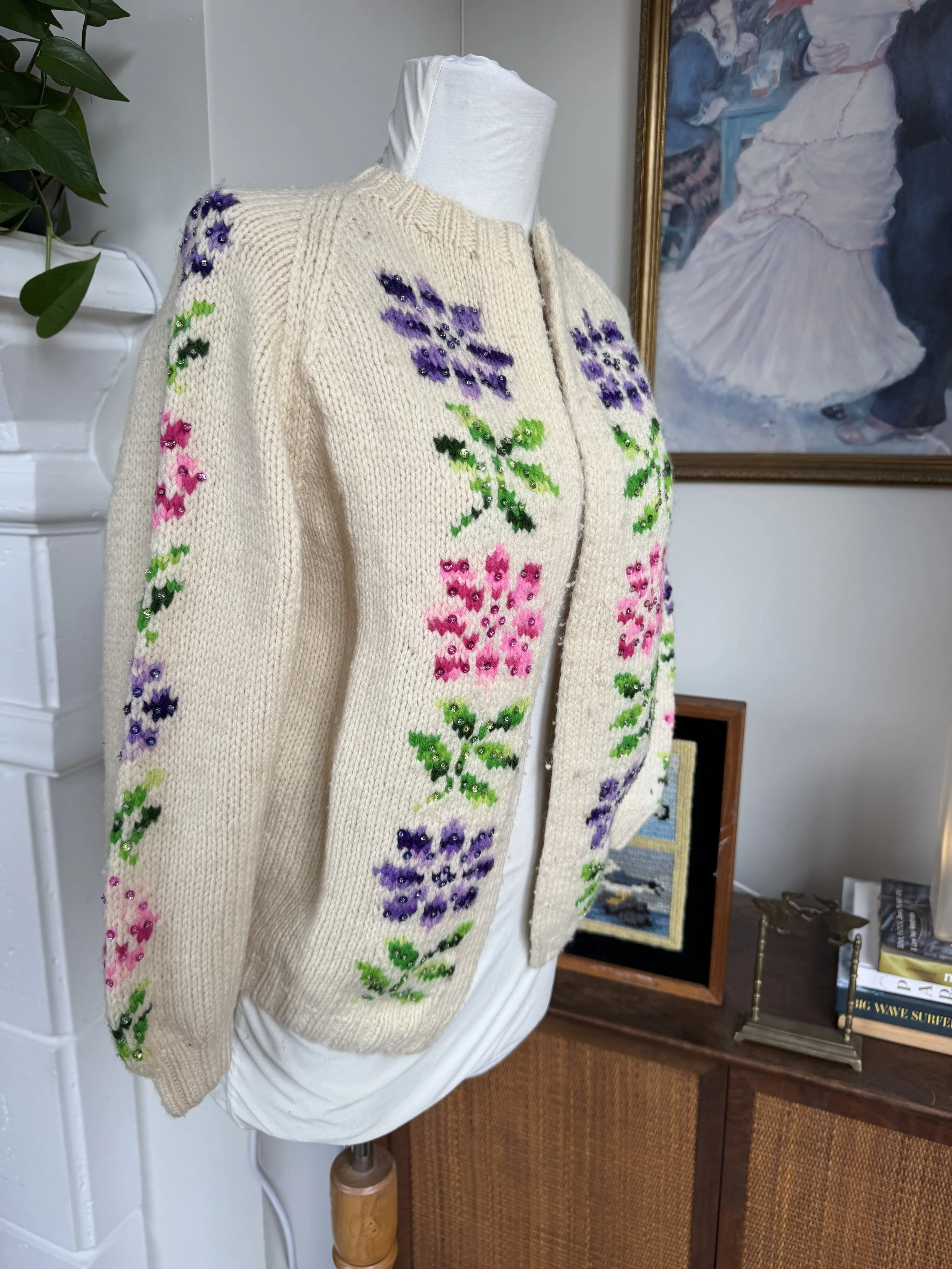 Vintage Hand Knit Ivory and Bright Floral Open Cardigan