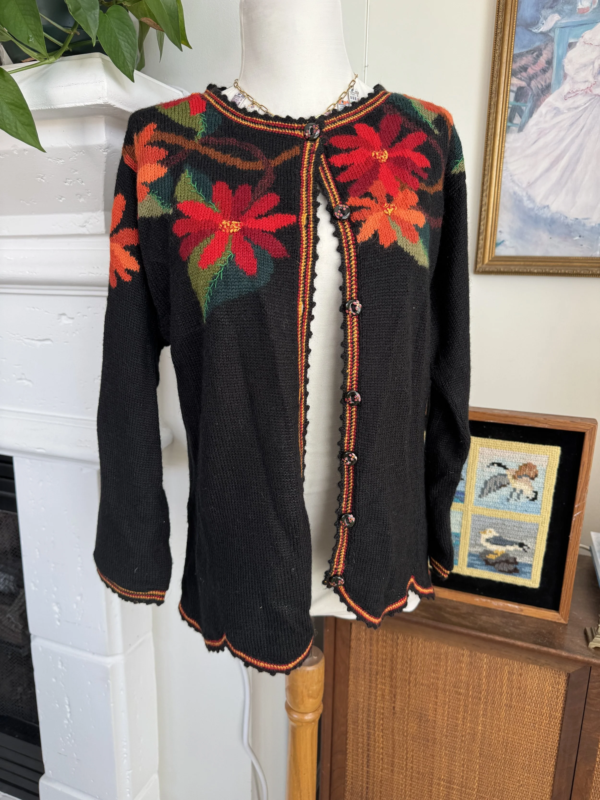 Soft Peruvian Black & Orange Floral Cardigan