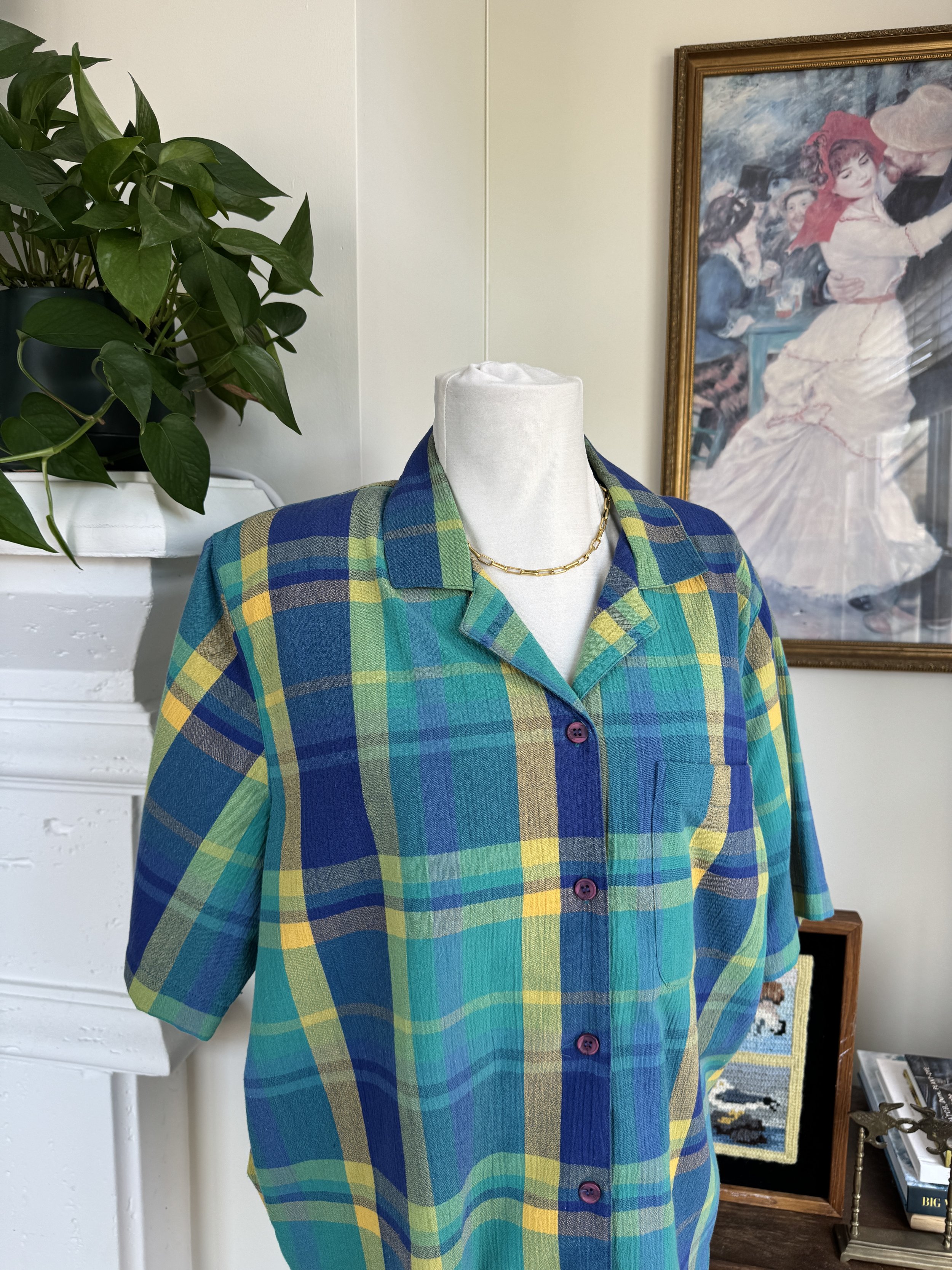 Teal Gingham Button Down Top
