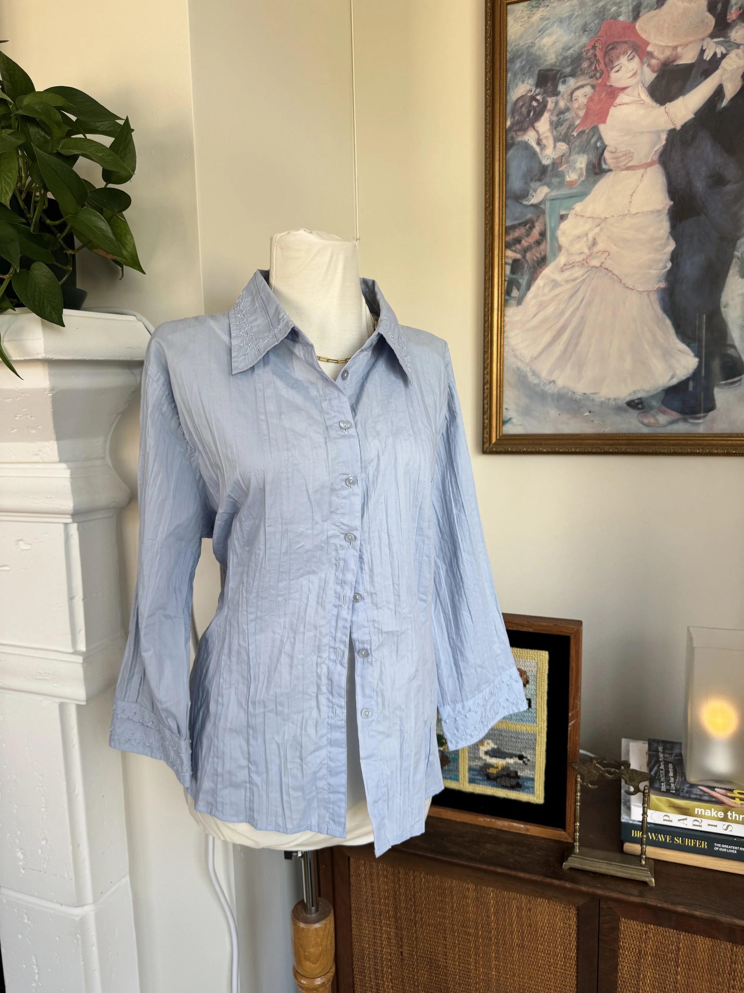Powder Blue Beaded Collar & Sleeve Hem Blouse