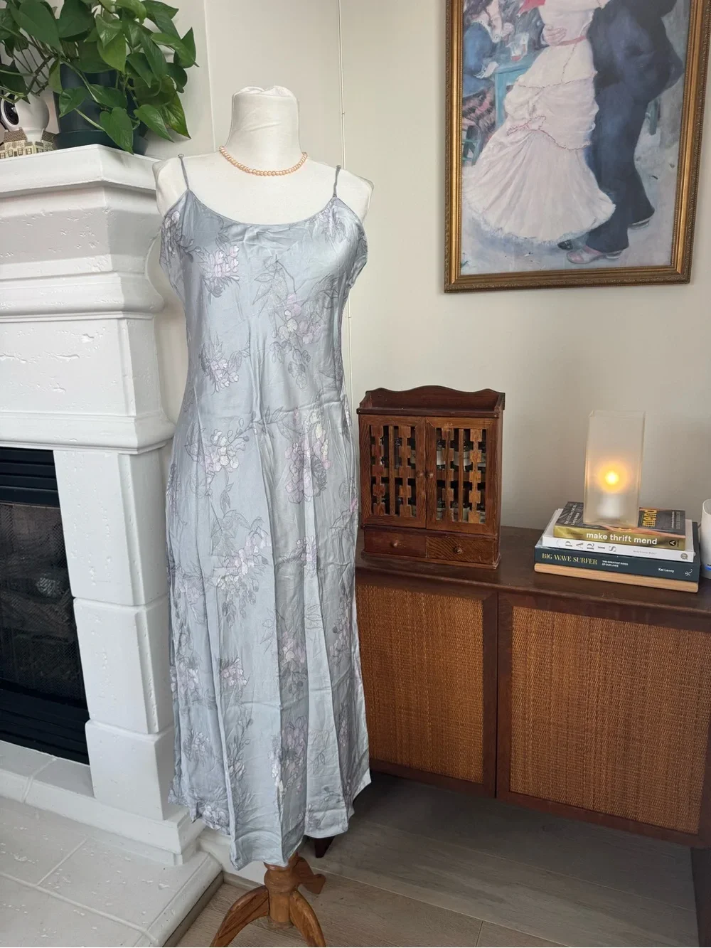 100% Silk Floral Slip Dress - Light Silver Gray
