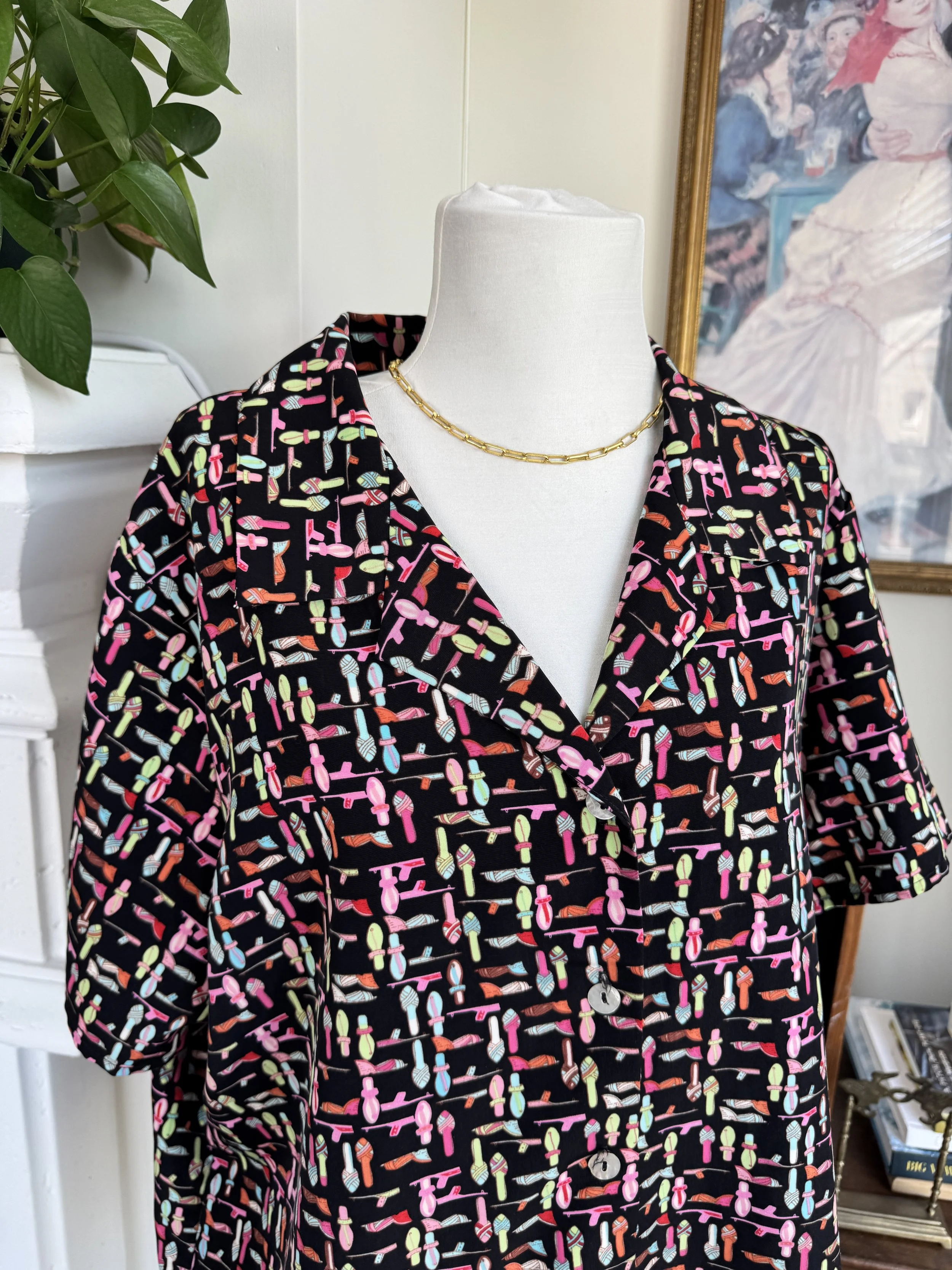 Vintage Graphic Shoe Print Button Down Blouse